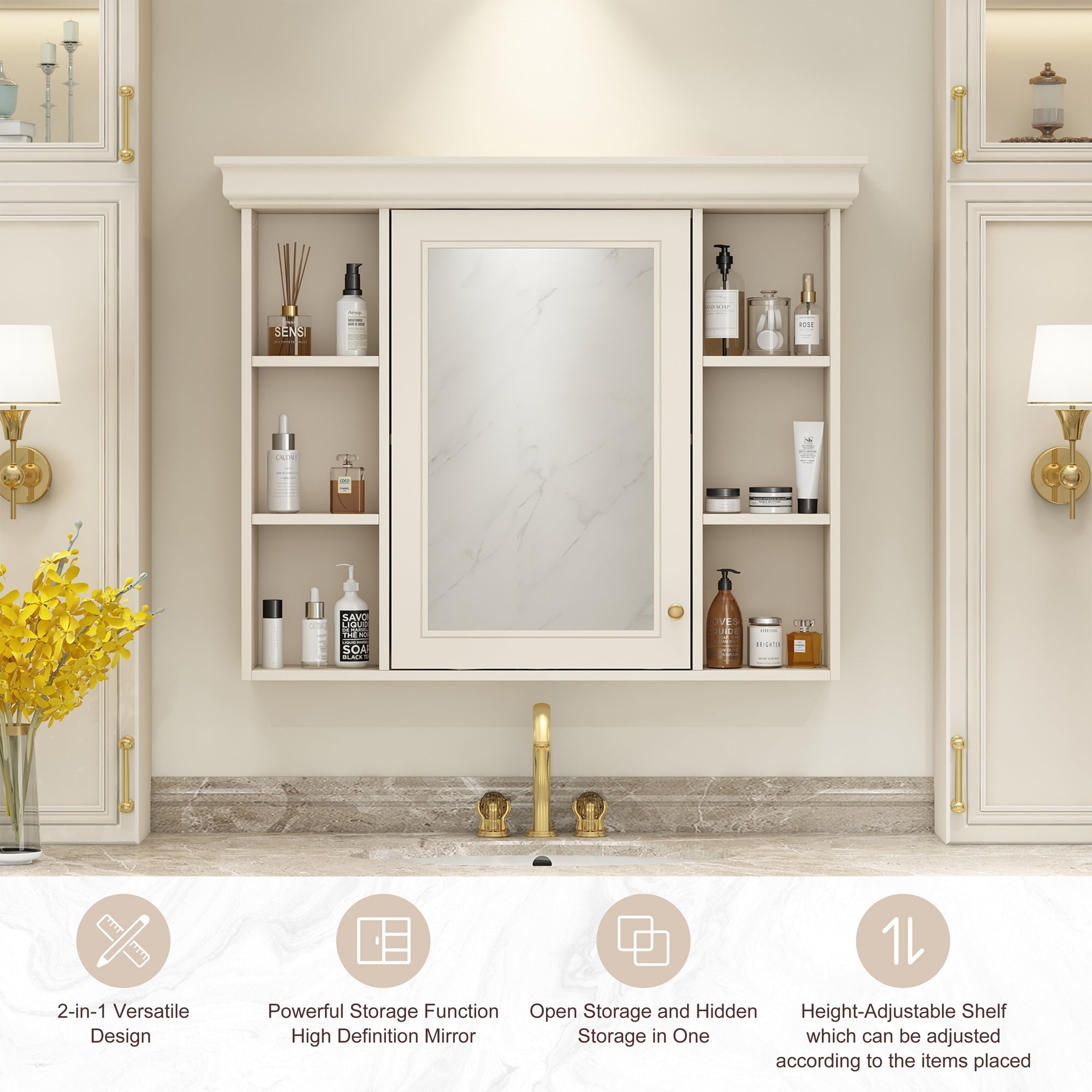35 "x 28" wall - mounted bathroom storage cabinet with a mirror(beige+cream) - KiKiUMi