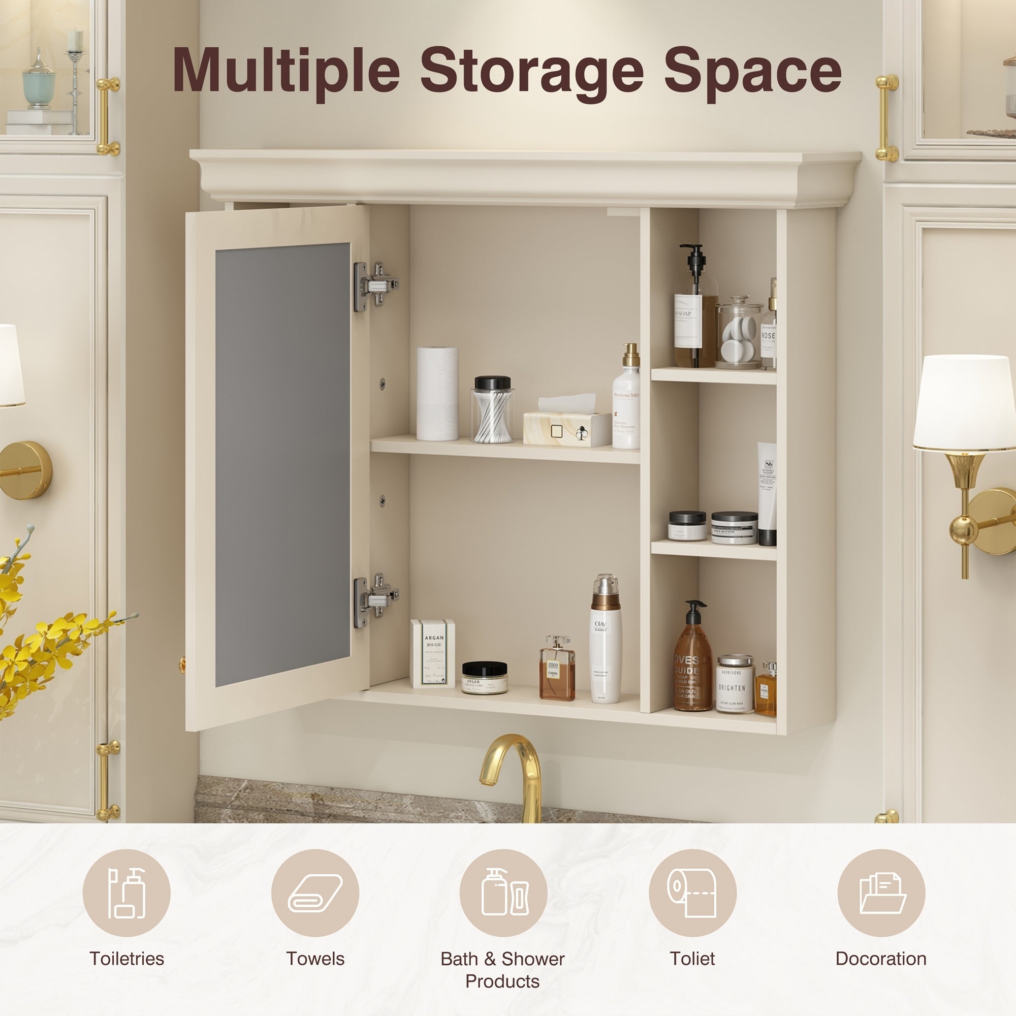 35 "x 28" wall - mounted bathroom storage cabinet with a mirror(beige+cream) - KiKiUMi