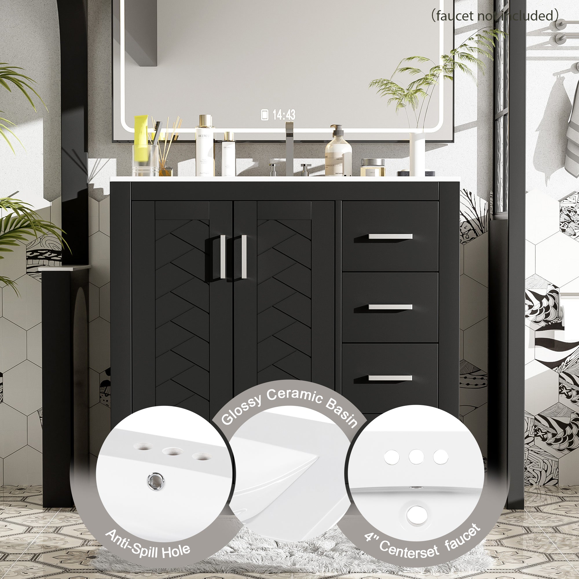 36 "Ceramic sink solid wood frame independent dressing table set(black) - KiKiUMi
