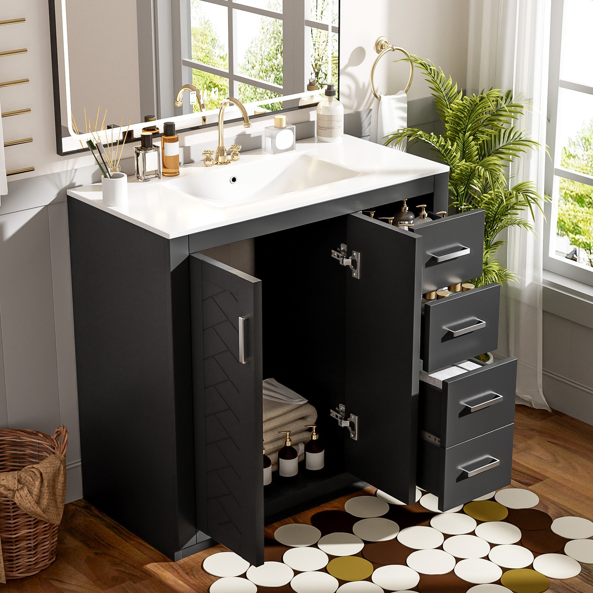 36 "Ceramic sink solid wood frame independent dressing table set(black) - KiKiUMi