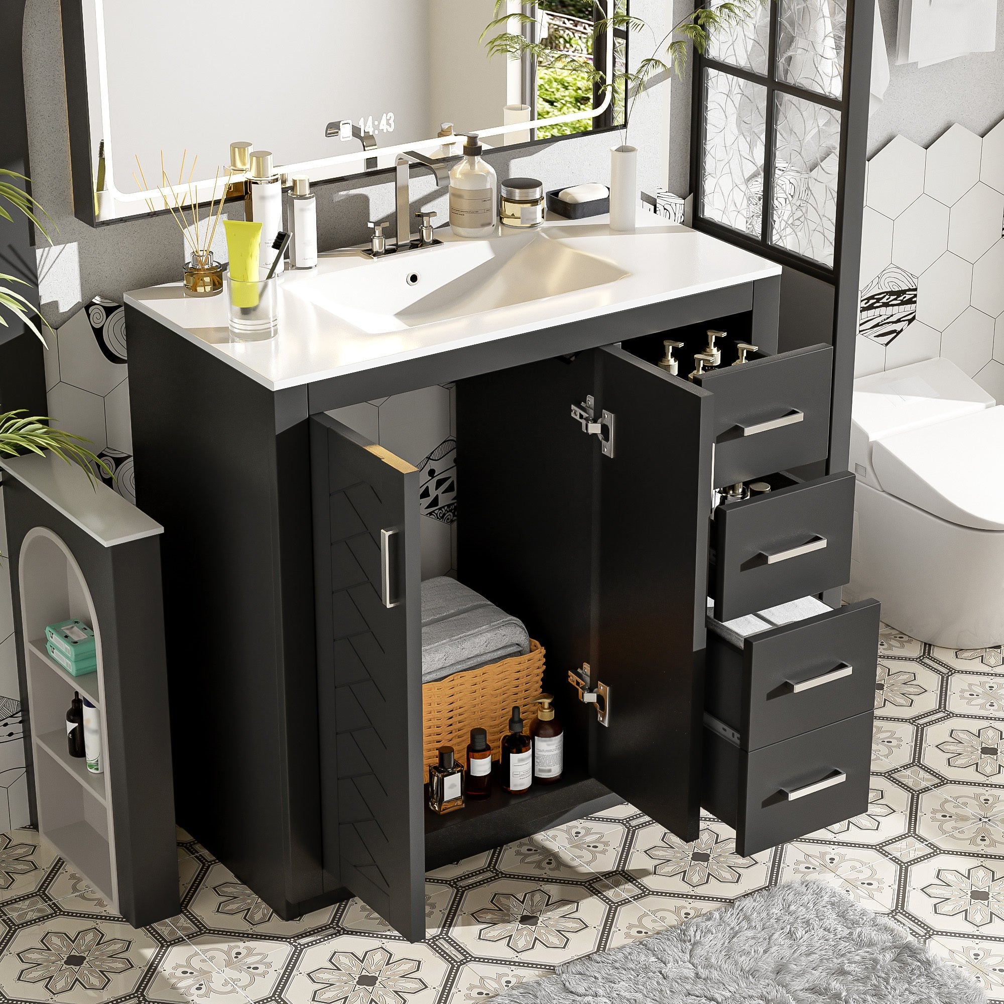 36 "Ceramic sink solid wood frame independent dressing table set(black) - KiKiUMi