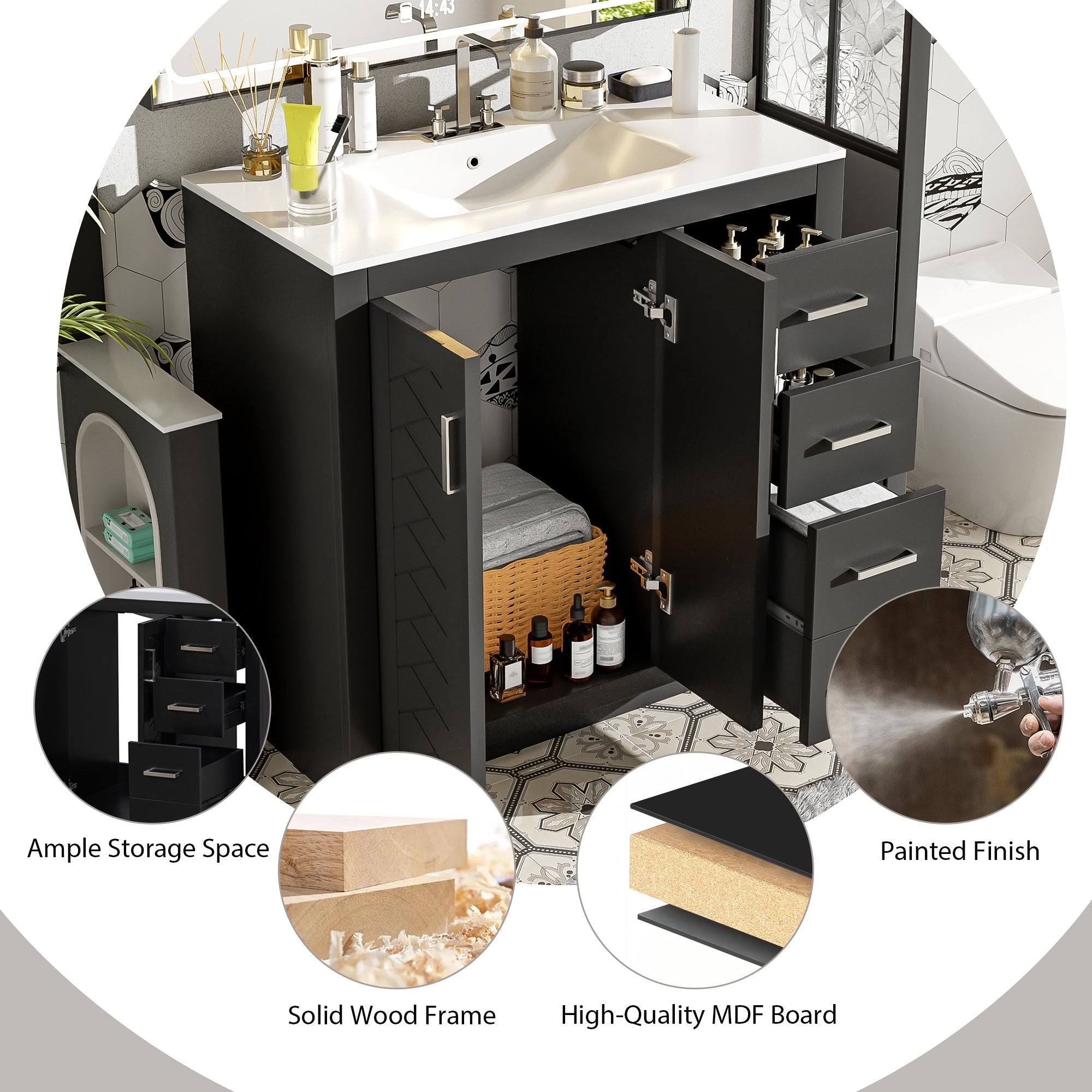 36 "Ceramic sink solid wood frame independent dressing table set(black) - KiKiUMi