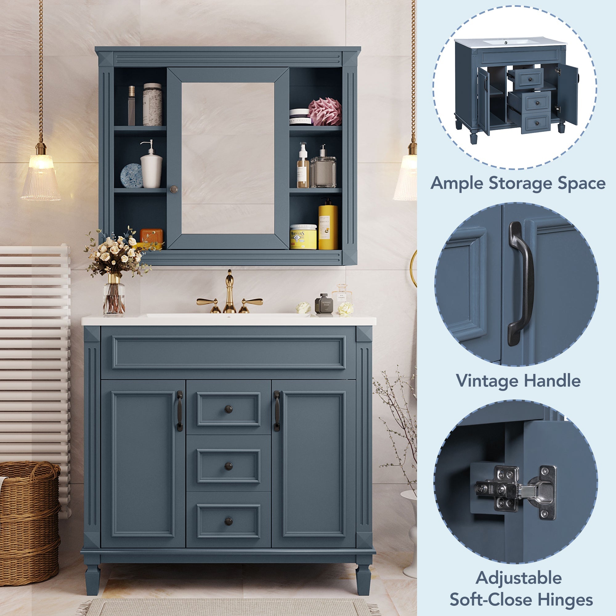 36 "Single sink bathroom dressing table, modern bathroom storage cabinet - KiKiUMi