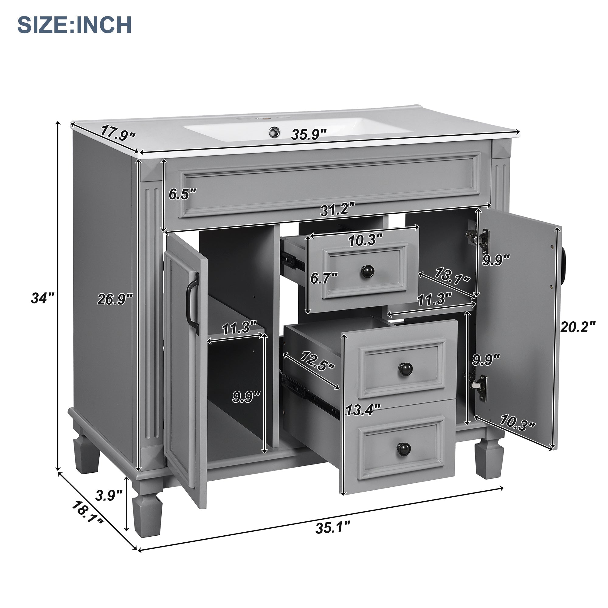 36 "Single sink bathroom dressing table, modern bathroom storage cabinet - KiKiUMi
