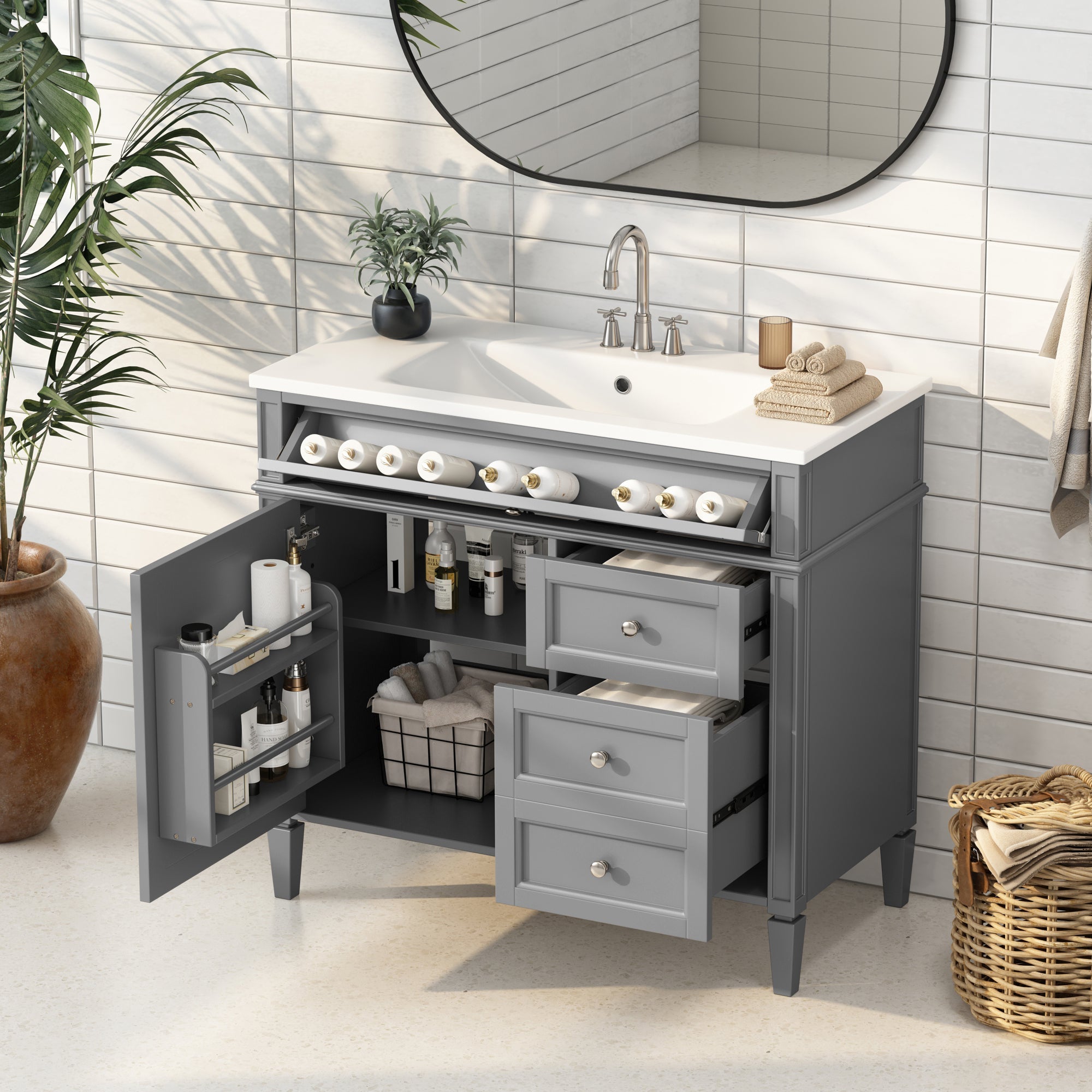 36 "Single sink bathroom dressing table, modern bathroom storage cabinet - KiKiUMi