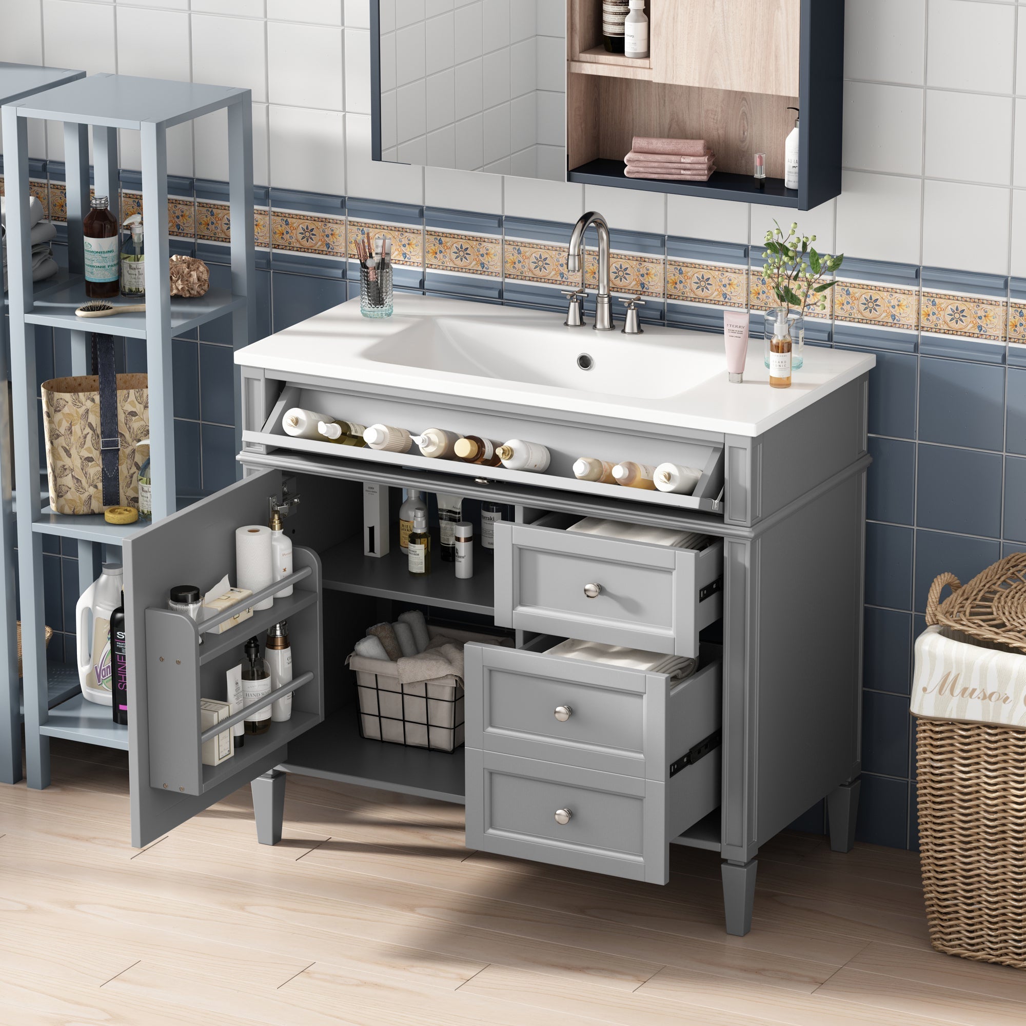 36 "Single sink bathroom dressing table, modern bathroom storage cabinet - KiKiUMi
