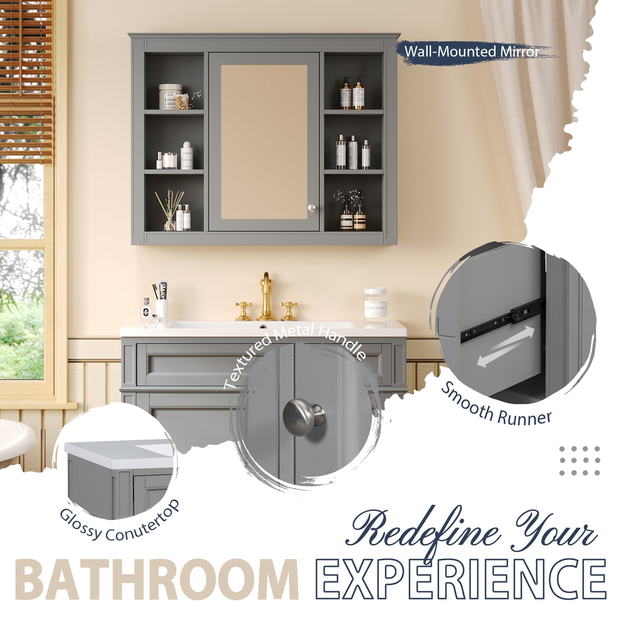36 "Single sink bathroom dressing table, modern bathroom storage cabinet with mirror(Gray) - KiKiUMi