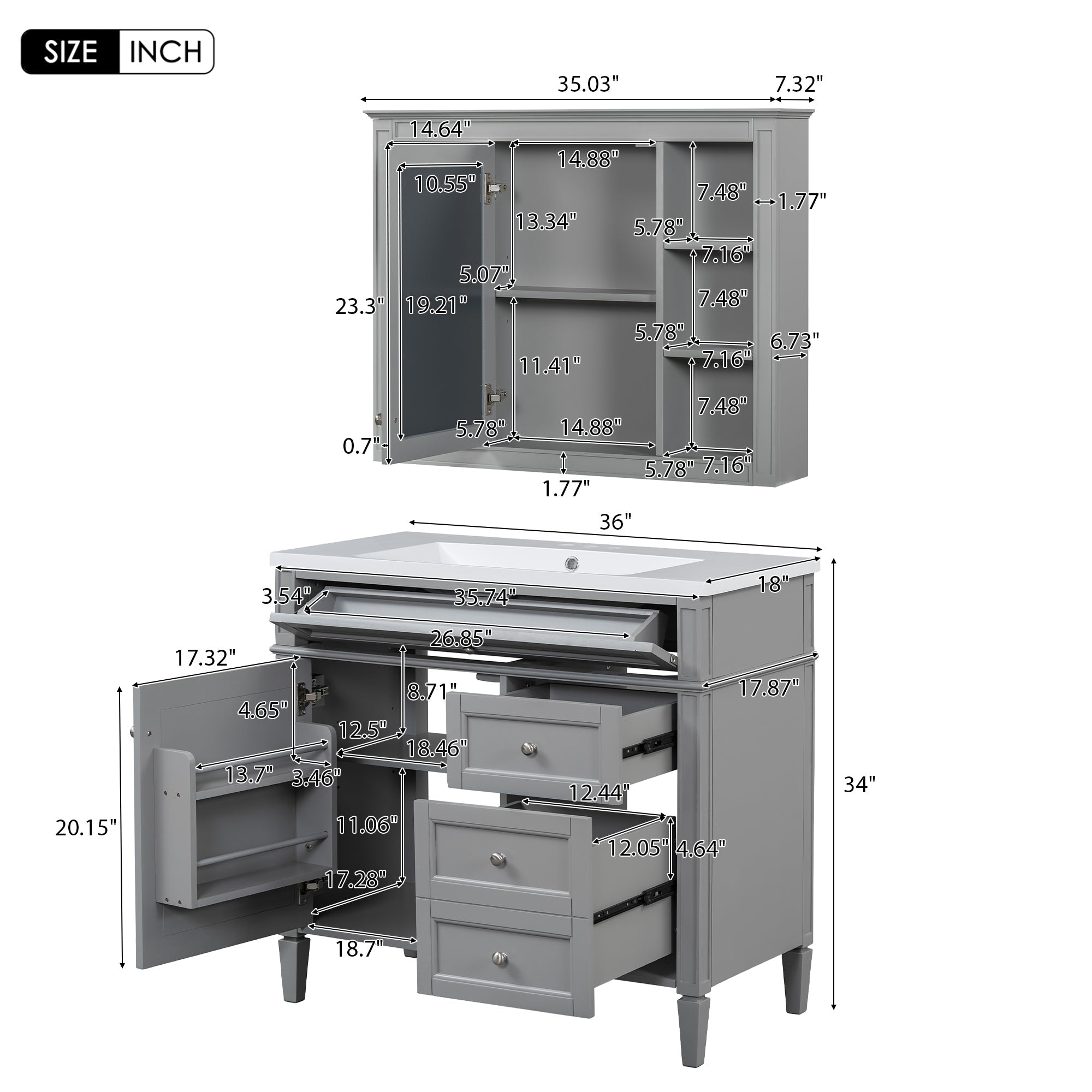 36 "Single sink bathroom dressing table, modern bathroom storage cabinet with mirror(Gray) - KiKiUMi