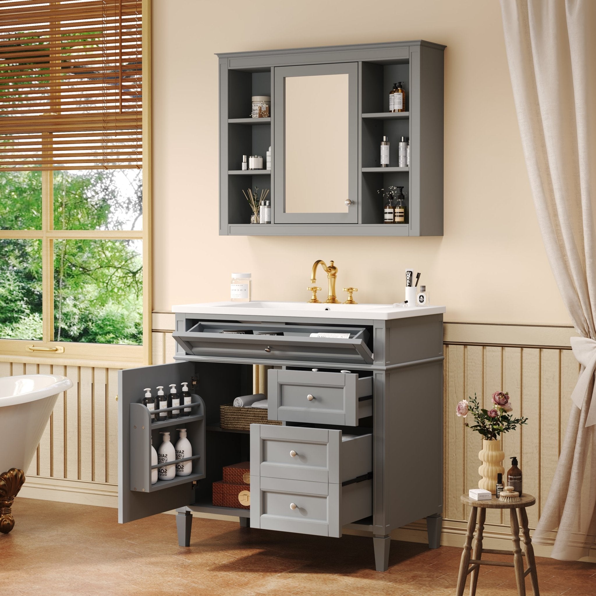 36 "Single sink bathroom dressing table, modern bathroom storage cabinet with mirror(Gray) - KiKiUMi