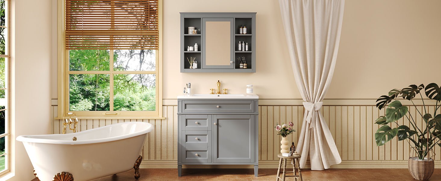 36 "Single sink bathroom dressing table, modern bathroom storage cabinet with mirror(Gray) - KiKiUMi
