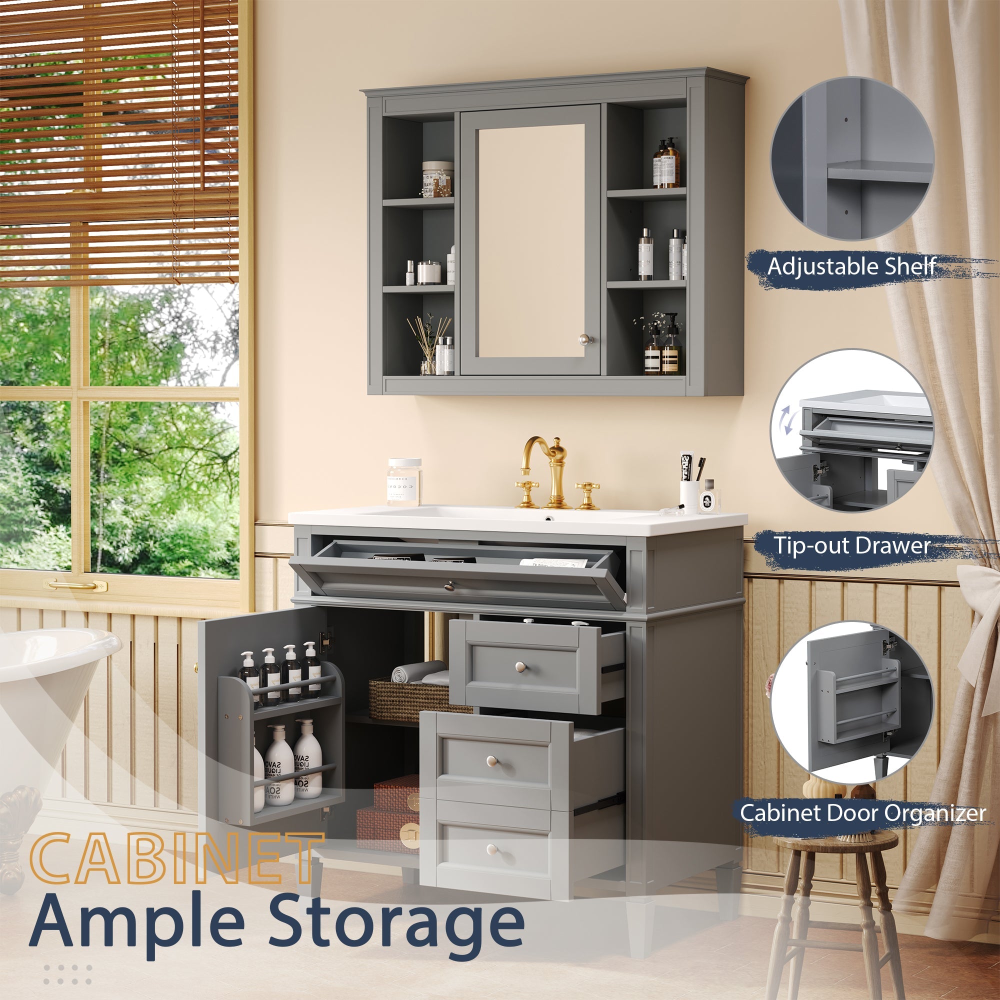 36 "Single sink bathroom dressing table, modern bathroom storage cabinet with mirror(Gray) - KiKiUMi