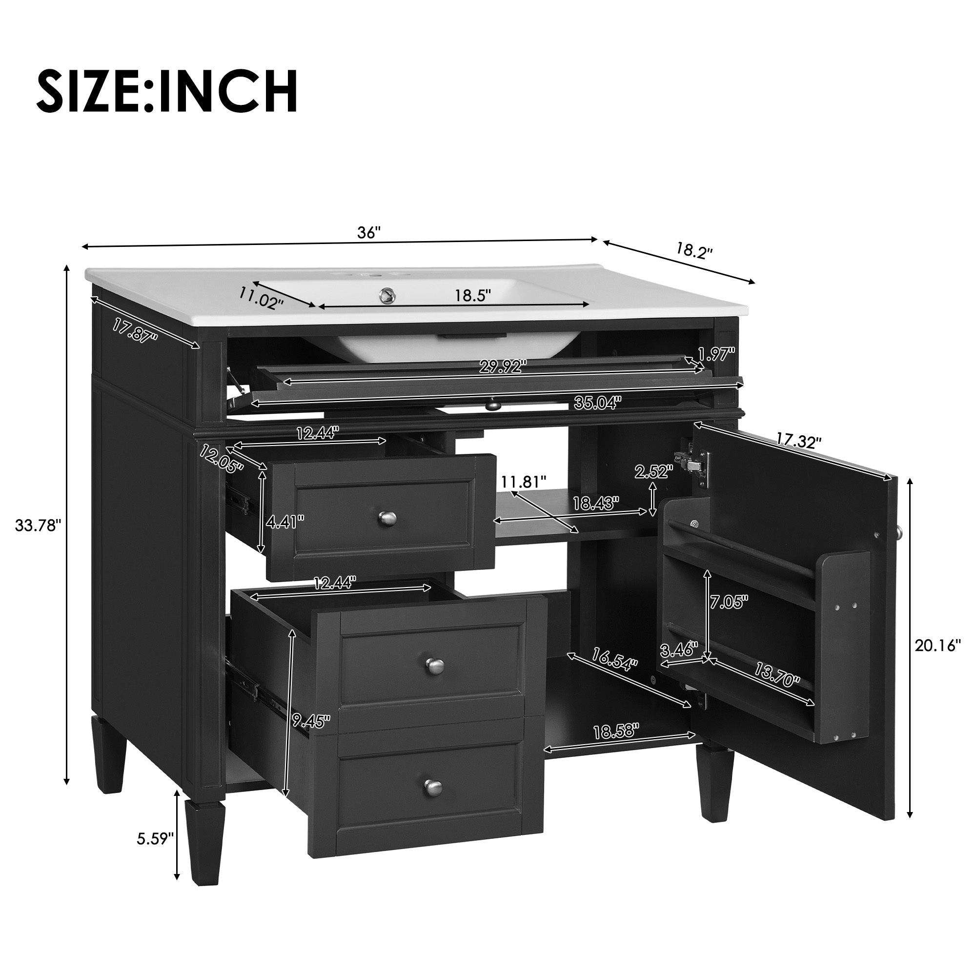 36 "Single sink bathroom dressing table, modern bathroom storage cabinet(black) - KiKiUMi