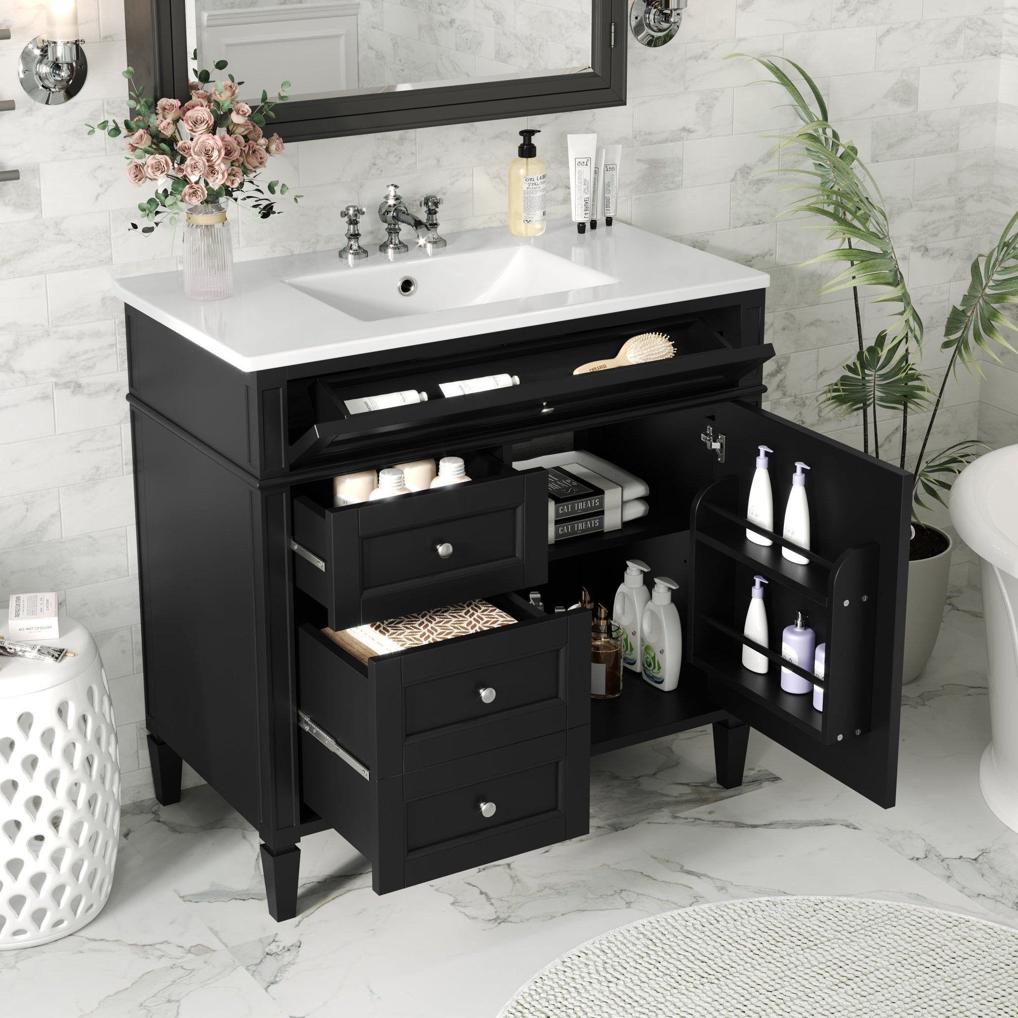 36 "Single sink bathroom dressing table, modern bathroom storage cabinet(black) - KiKiUMi