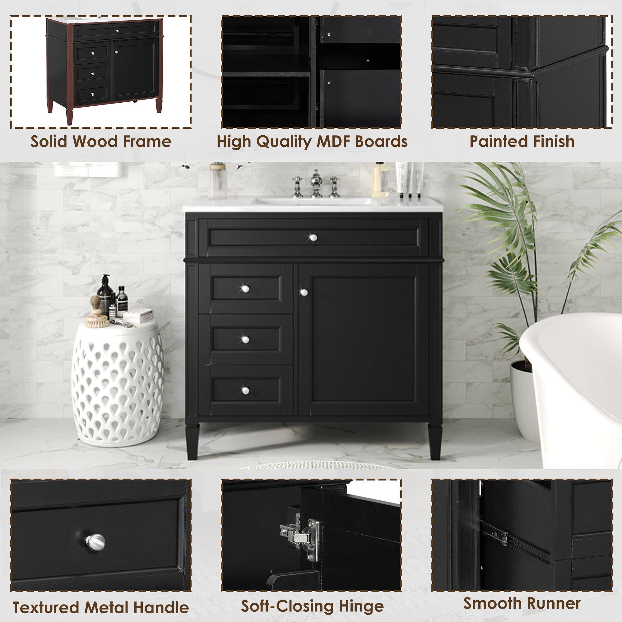 36 "Single sink bathroom dressing table, modern bathroom storage cabinet(black) - KiKiUMi