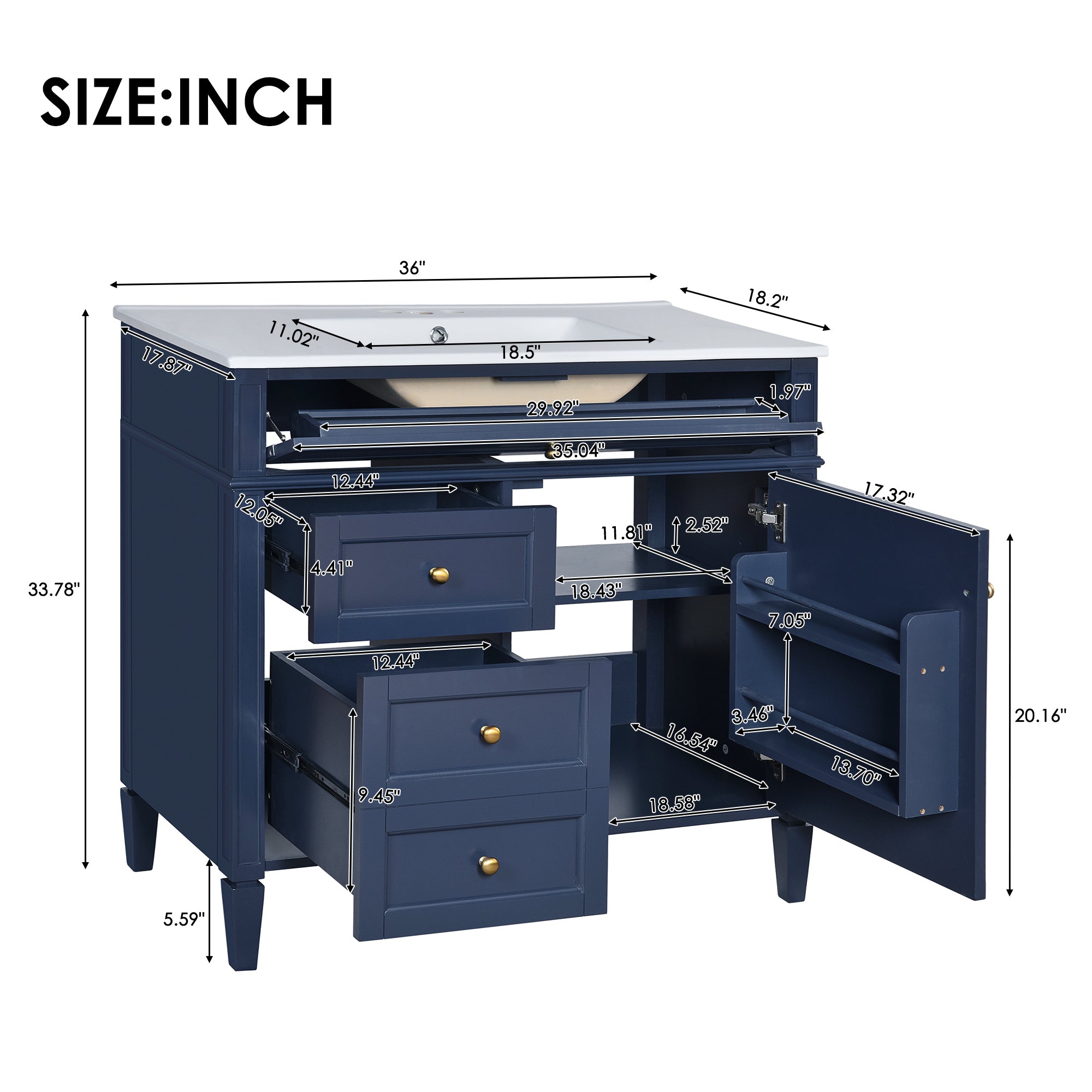 36 "Single sink bathroom dressing table, modern bathroom storage cabinet(blue) - KiKiUMi