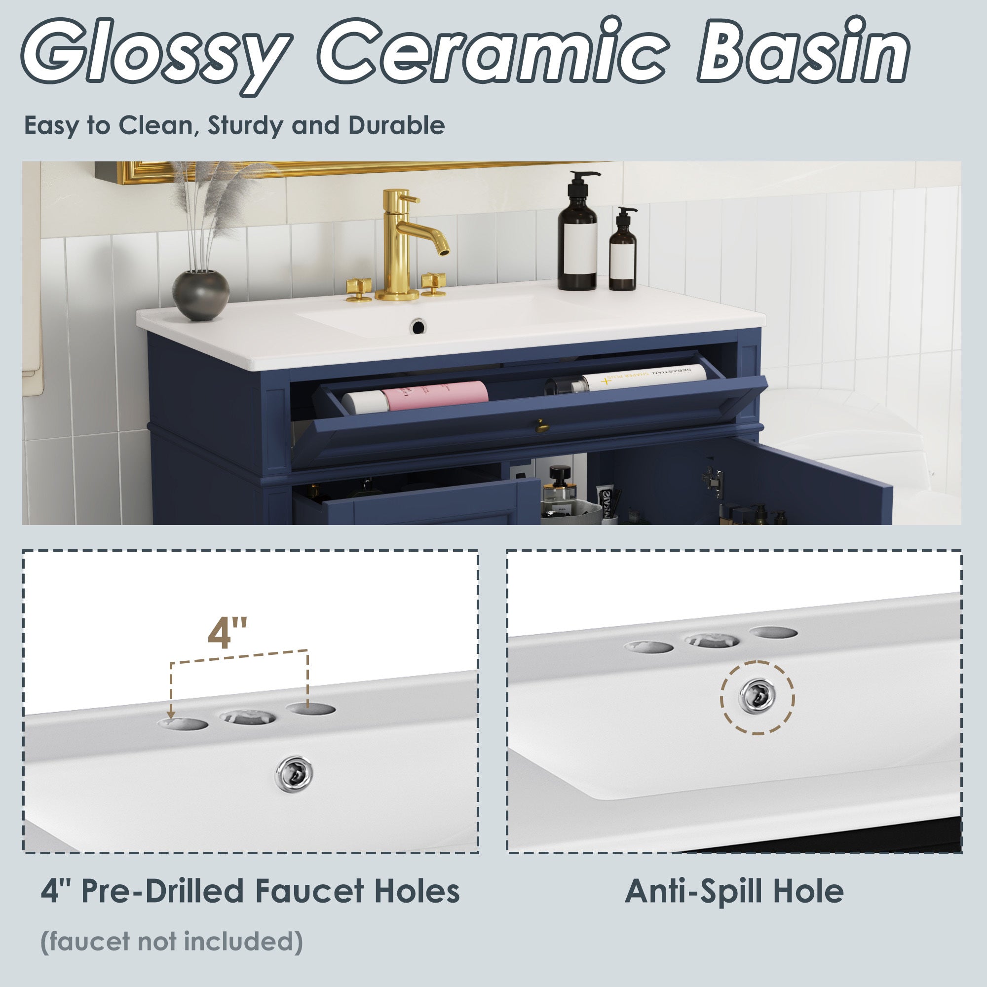 36 "Single sink bathroom dressing table, modern bathroom storage cabinet(blue) - KiKiUMi
