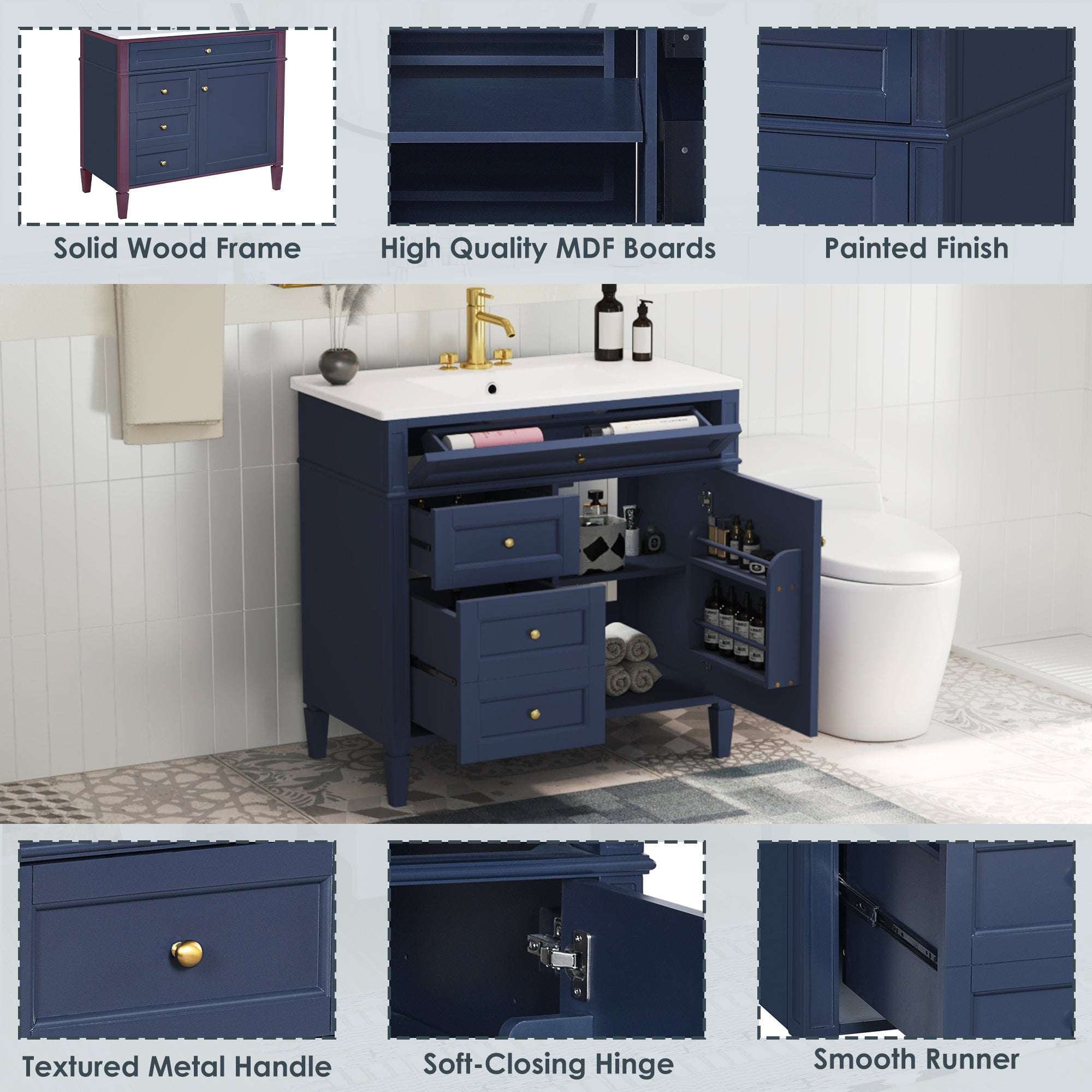 36 "Single sink bathroom dressing table, modern bathroom storage cabinet(blue) - KiKiUMi
