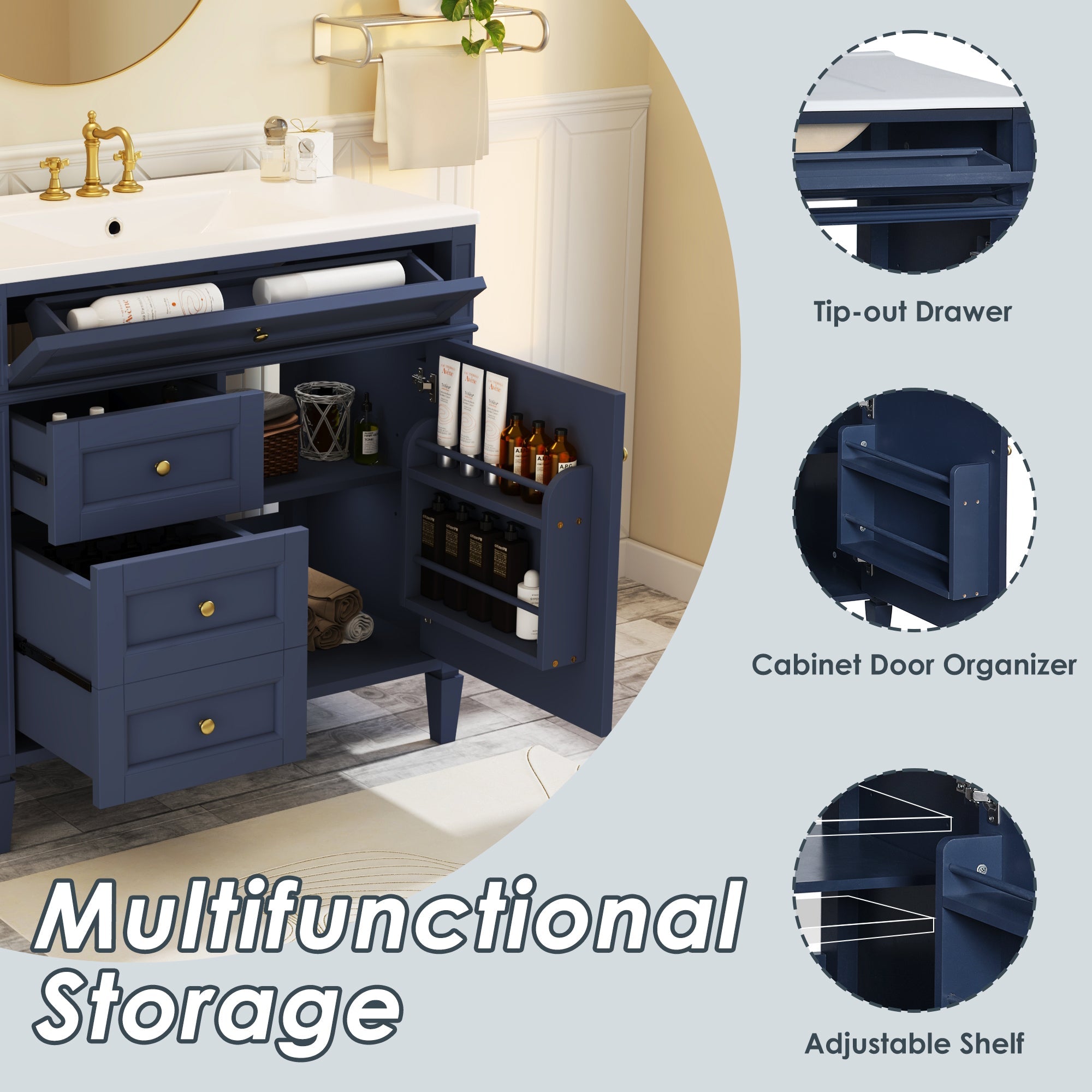 36 "Single sink bathroom dressing table, modern bathroom storage cabinet(blue) - KiKiUMi
