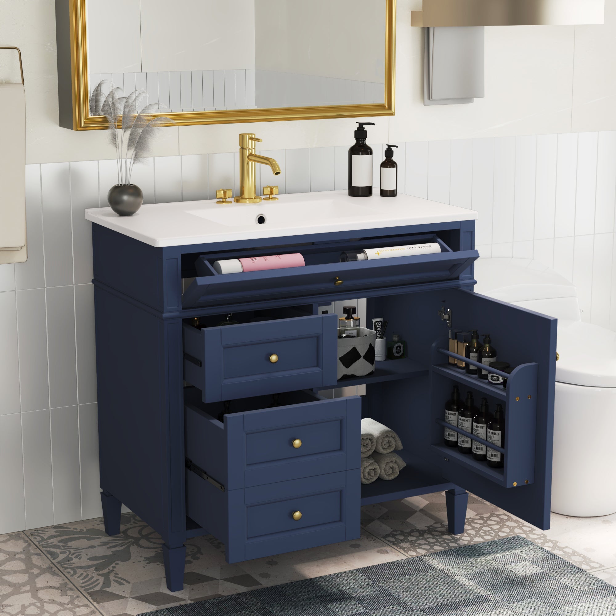 36 "Single sink bathroom dressing table, modern bathroom storage cabinet(blue) - KiKiUMi