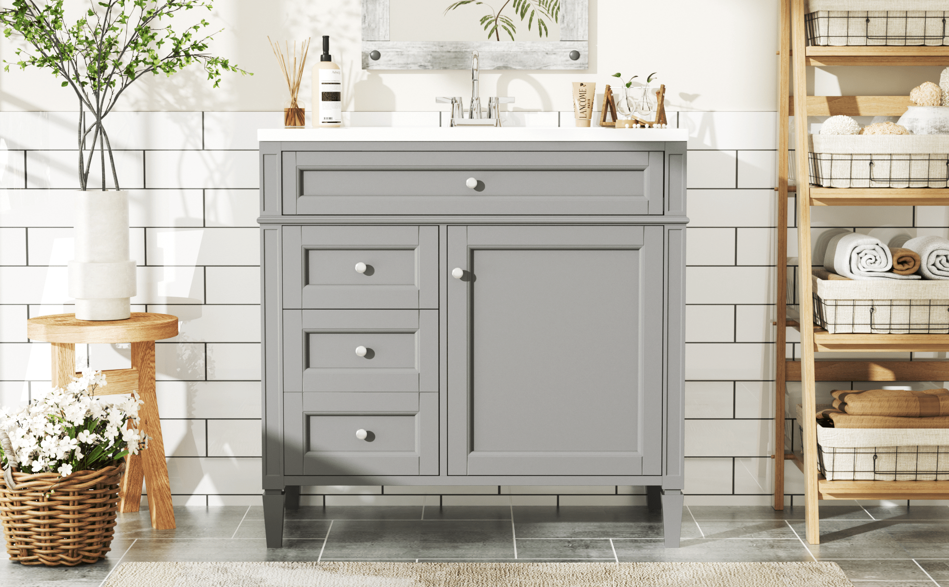 36 "Single sink bathroom dressing table, modern bathroom storage cabinet(grey) - KiKiUMi