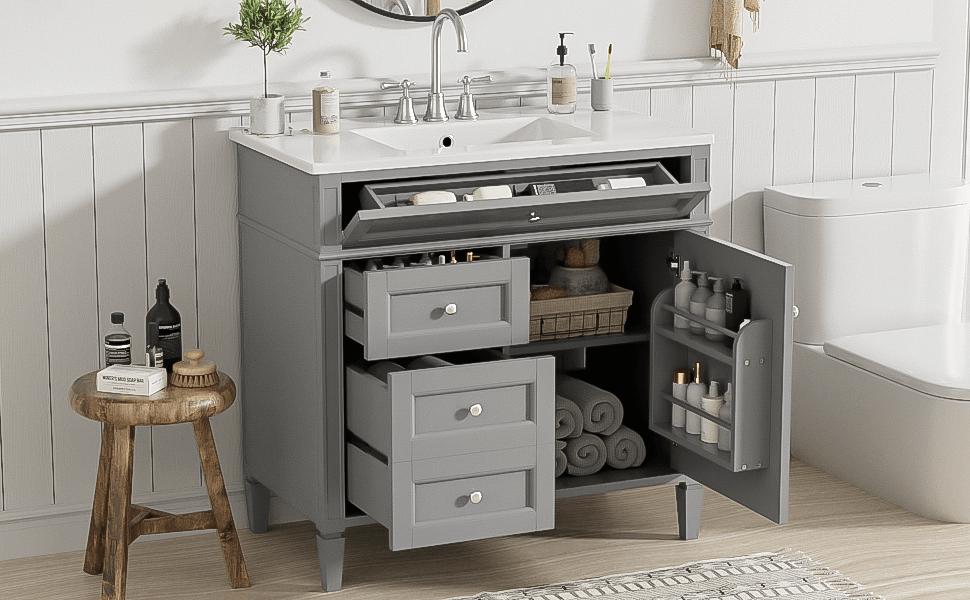 36 "Single sink bathroom dressing table, modern bathroom storage cabinet(grey) - KiKiUMi