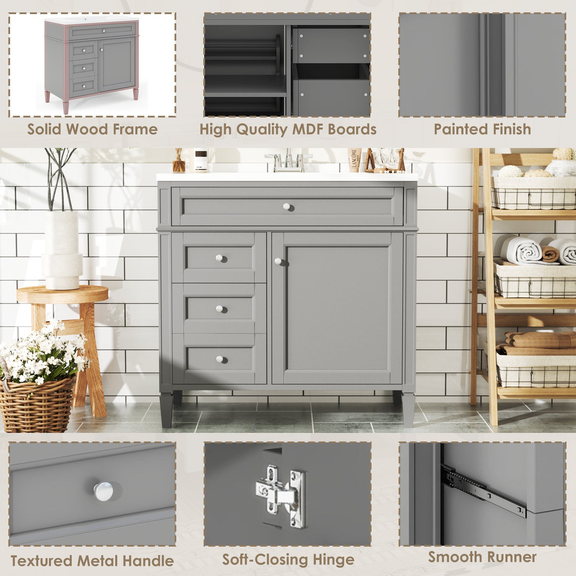 36 "Single sink bathroom dressing table, modern bathroom storage cabinet(grey) - KiKiUMi