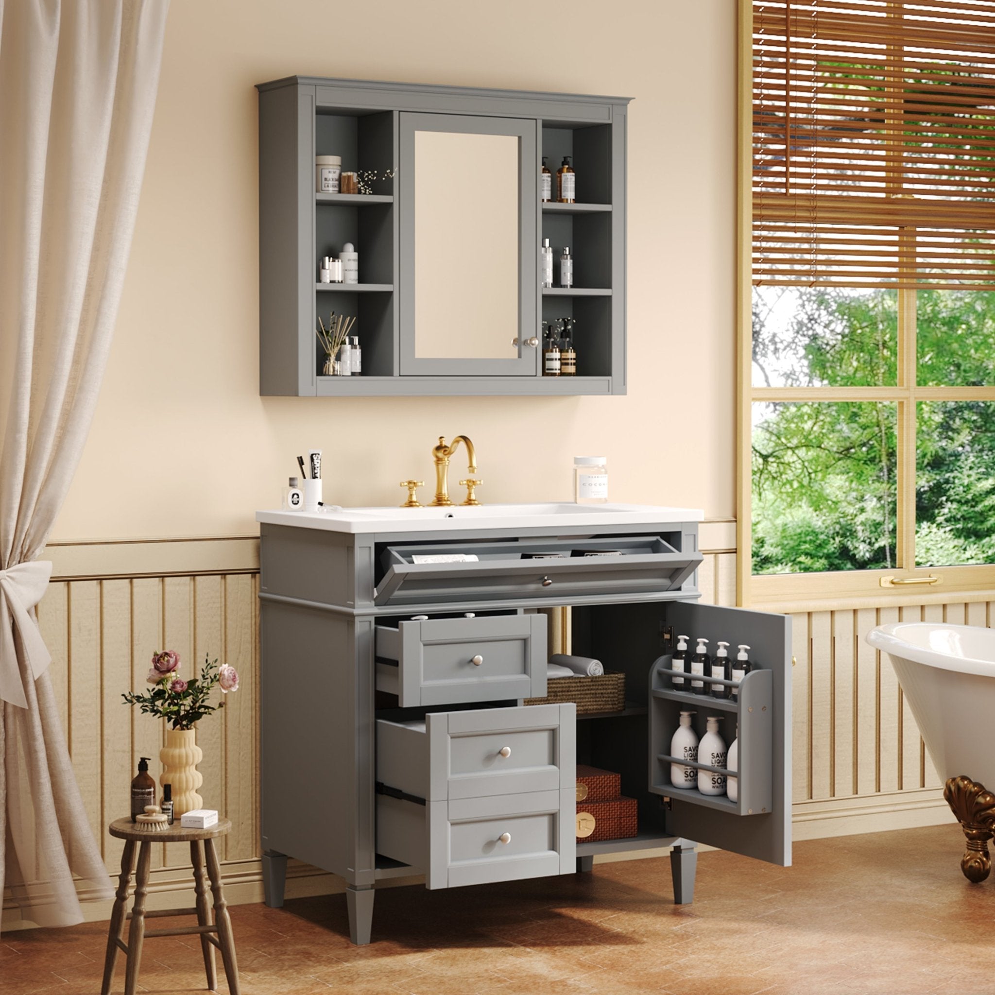 36 "Single sink bathroom dressing table, modern bathroom storage cabinet(Grey) - KiKiUMi