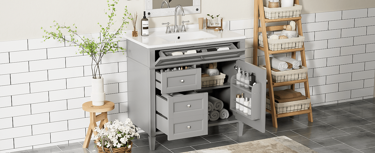 36 "Single sink bathroom dressing table, modern bathroom storage cabinet(grey) - KiKiUMi