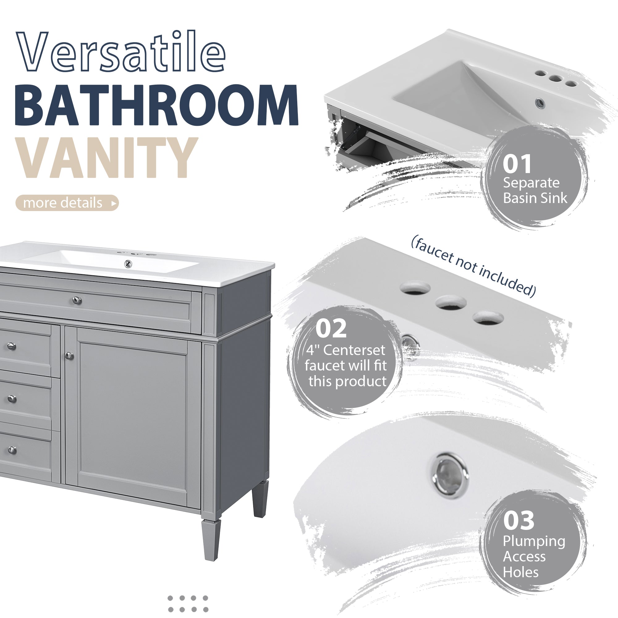 36 "Single sink bathroom dressing table, modern bathroom storage cabinet(Grey) - KiKiUMi