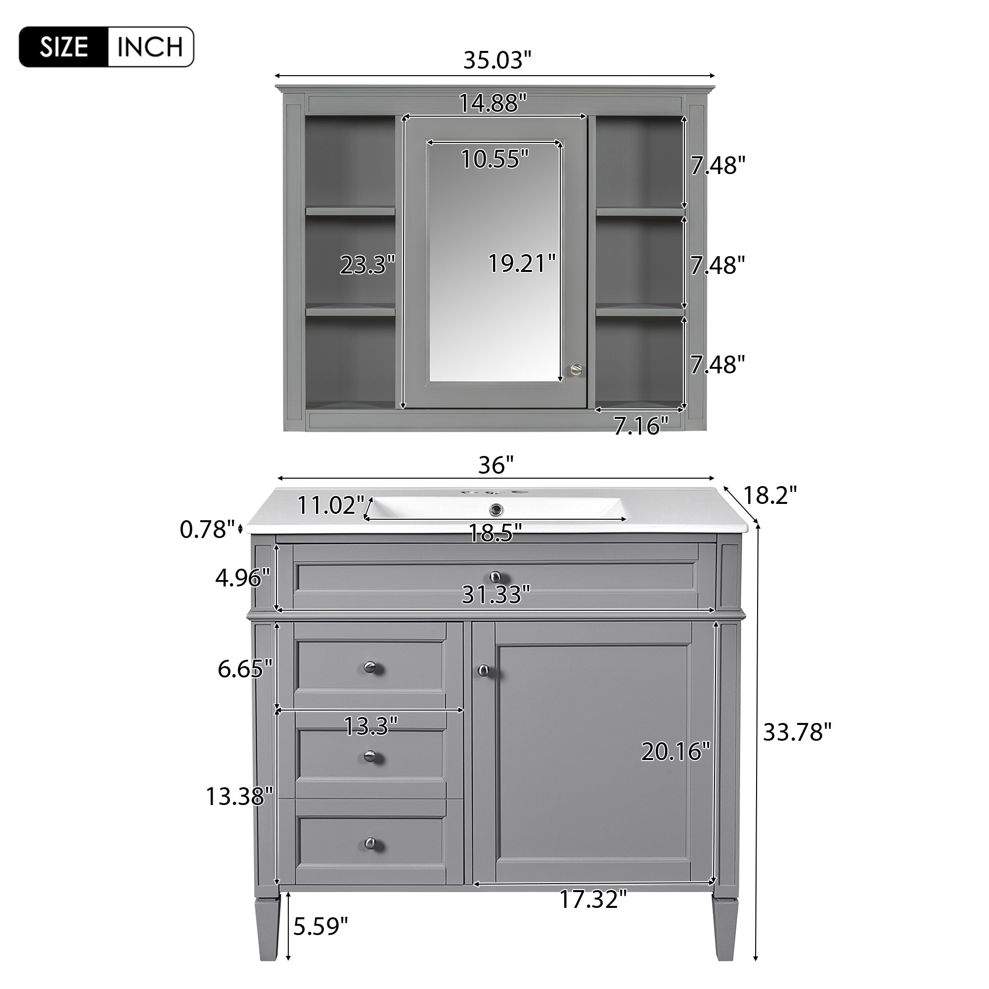 36 "Single sink bathroom dressing table, modern bathroom storage cabinet(Grey) - KiKiUMi