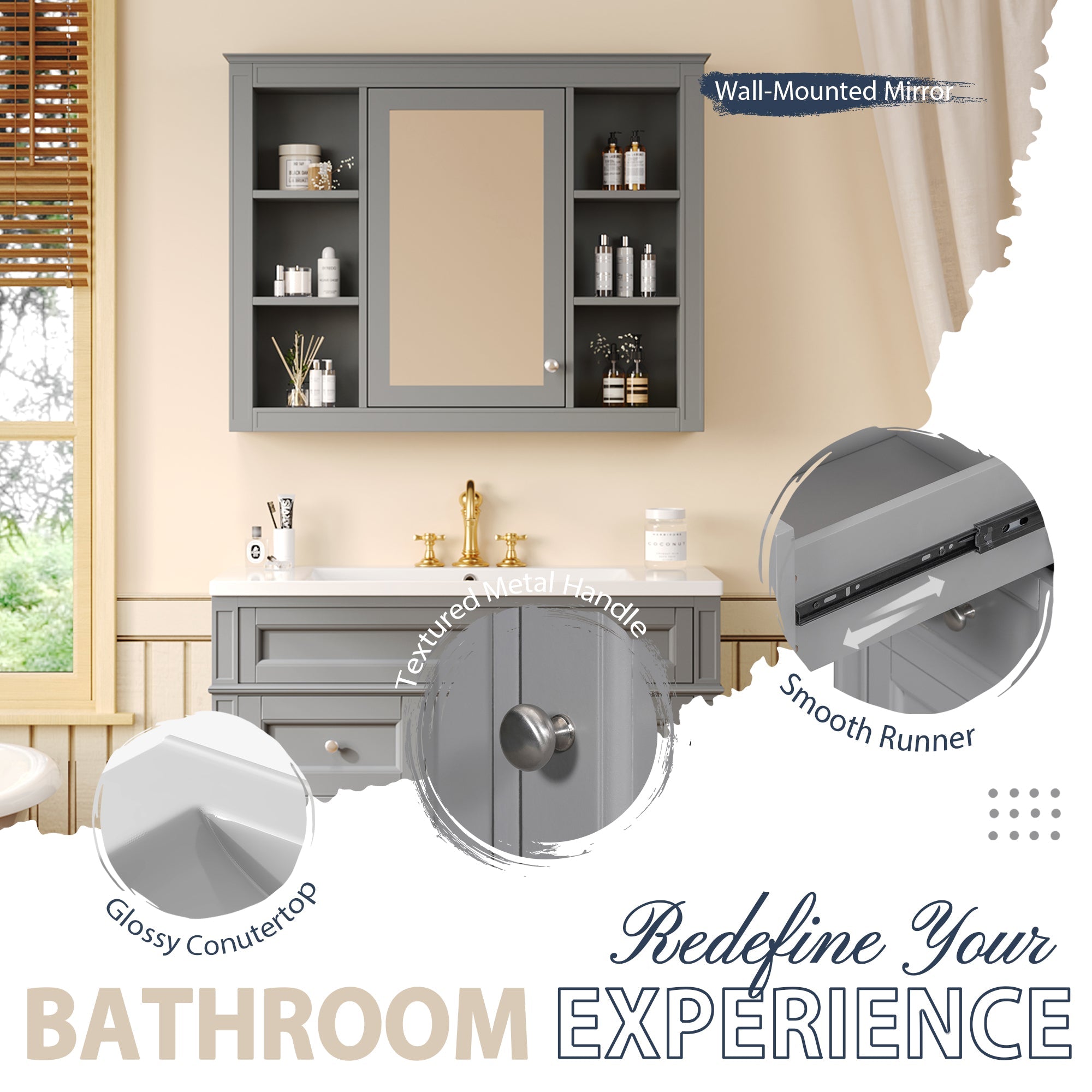 36 "Single sink bathroom dressing table, modern bathroom storage cabinet(Grey) - KiKiUMi