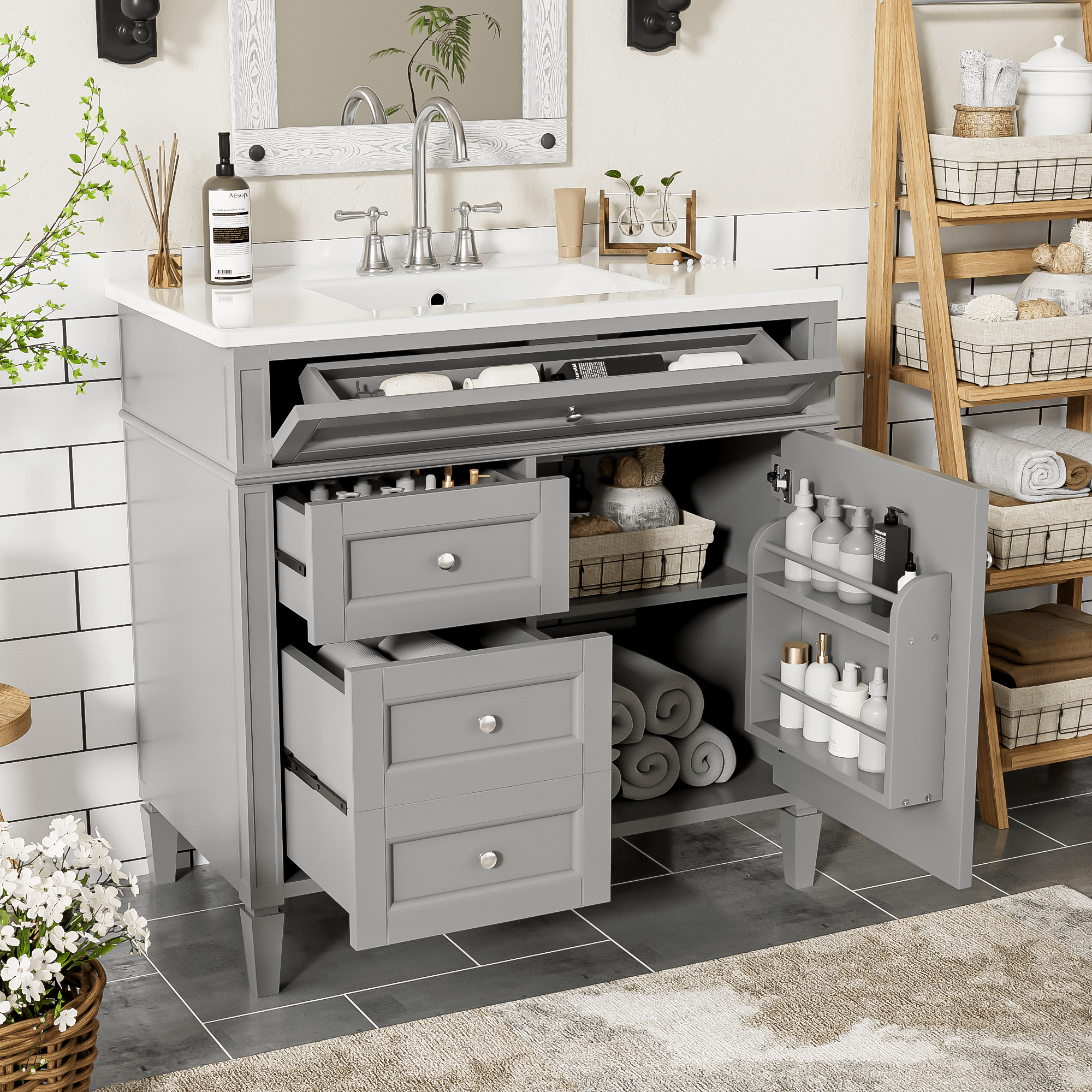 36 "Single sink bathroom dressing table, modern bathroom storage cabinet(grey) - KiKiUMi