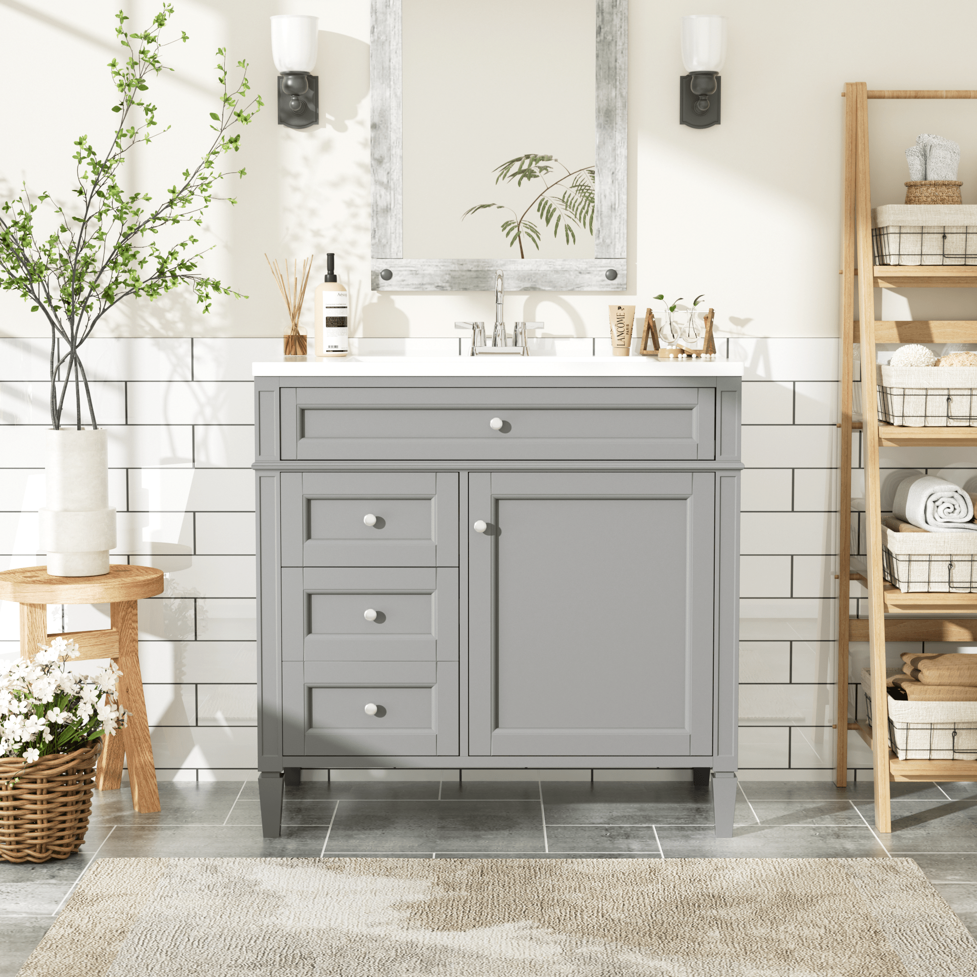 36 "Single sink bathroom dressing table, modern bathroom storage cabinet(grey) - KiKiUMi