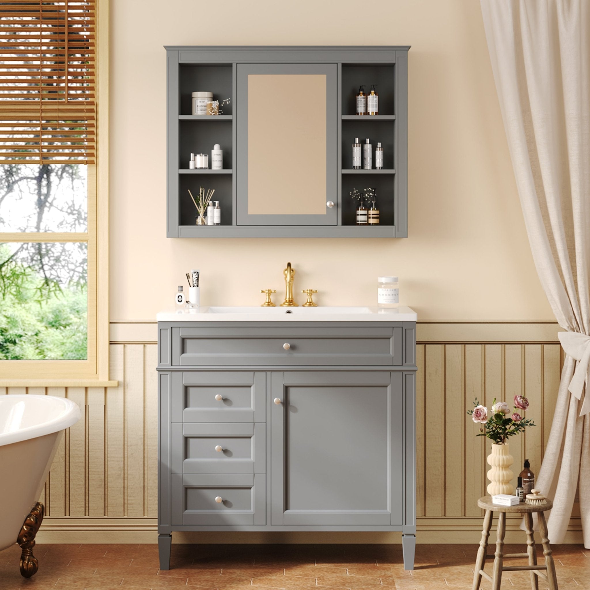 36 "Single sink bathroom dressing table, modern bathroom storage cabinet(Grey) - KiKiUMi