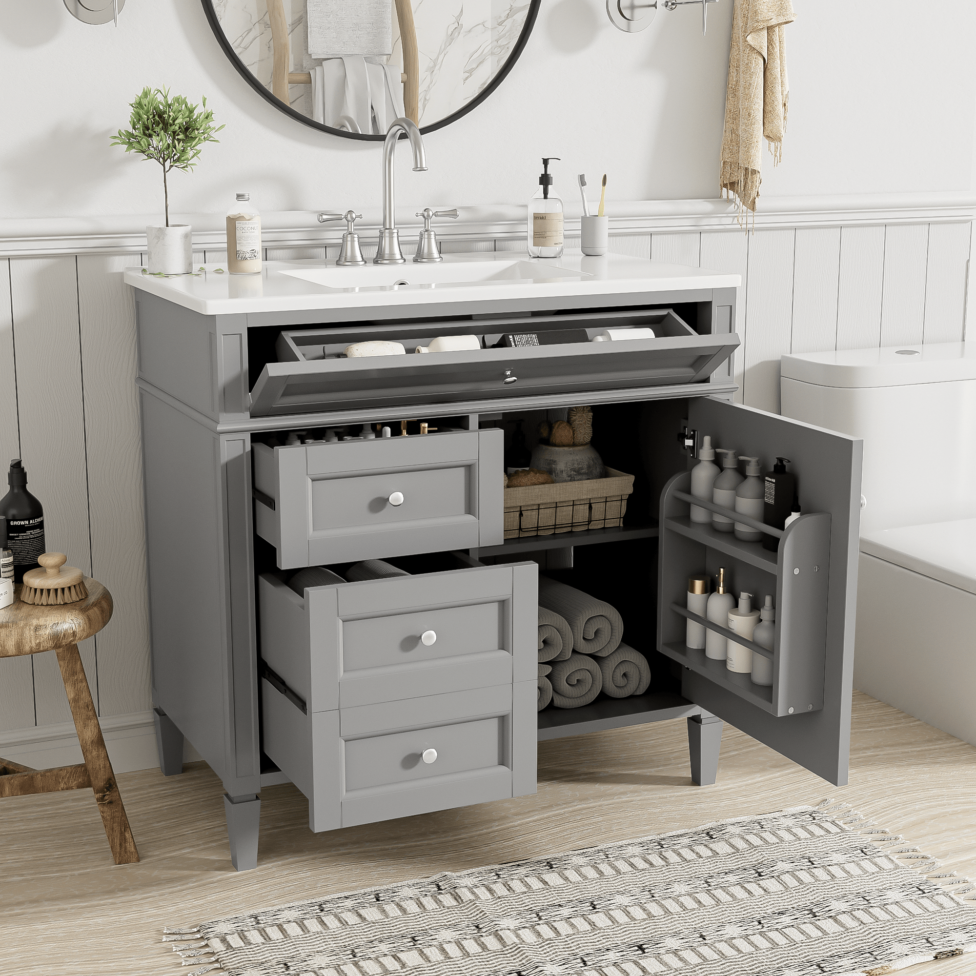 36 "Single sink bathroom dressing table, modern bathroom storage cabinet(grey) - KiKiUMi