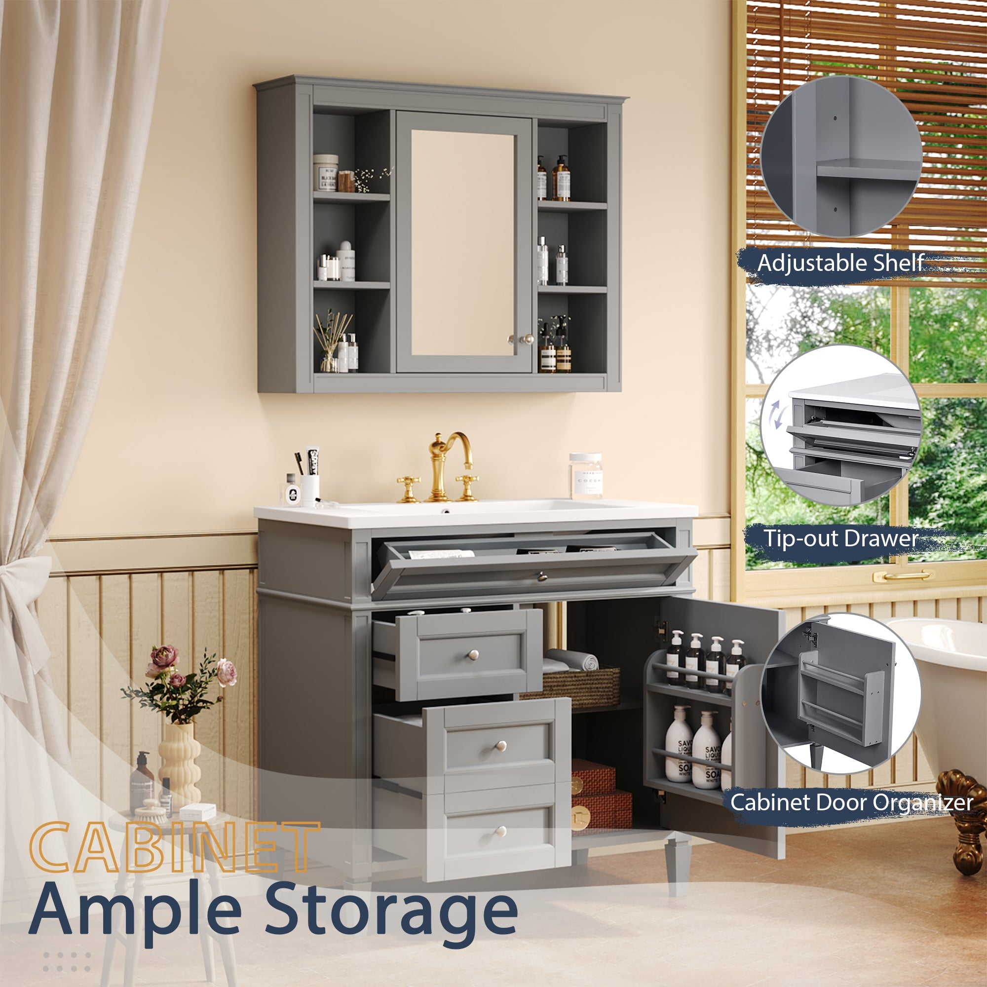 36 "Single sink bathroom dressing table, modern bathroom storage cabinet(Grey) - KiKiUMi