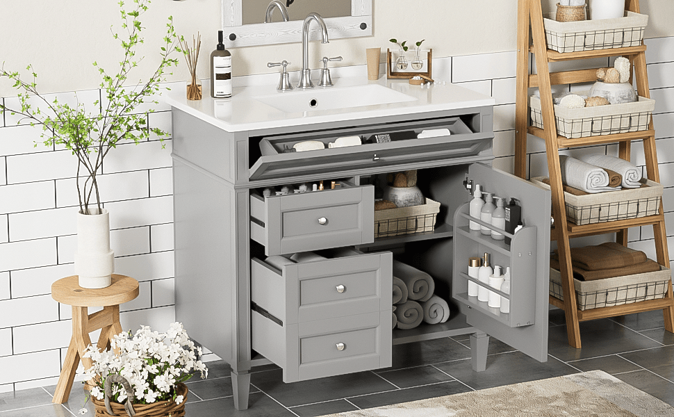 36 "Single sink bathroom dressing table, modern bathroom storage cabinet(grey) - KiKiUMi