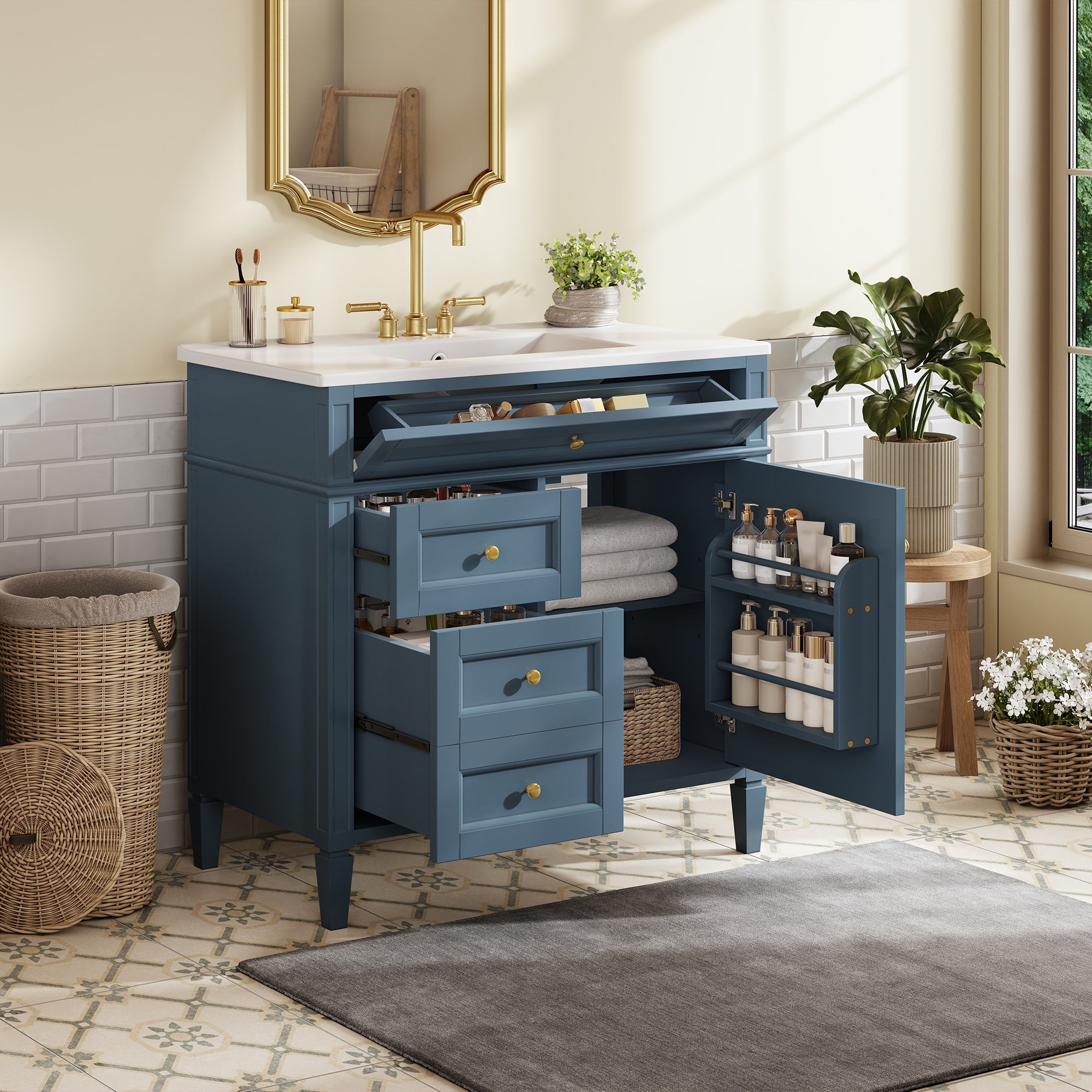 36 "Single sink bathroom dressing table, modern bathroom storage cabinet(indigo blue) - KiKiUMi
