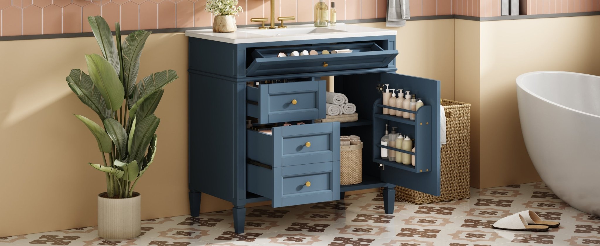 36 "Single sink bathroom dressing table, modern bathroom storage cabinet(indigo blue) - KiKiUMi