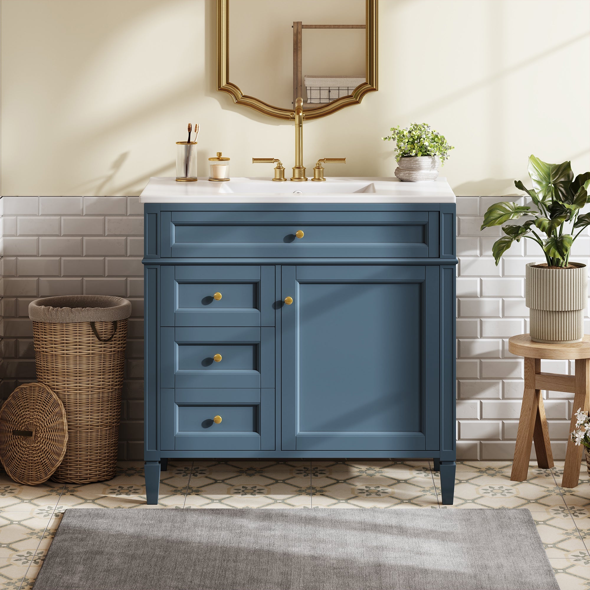 36 "Single sink bathroom dressing table, modern bathroom storage cabinet(indigo blue) - KiKiUMi