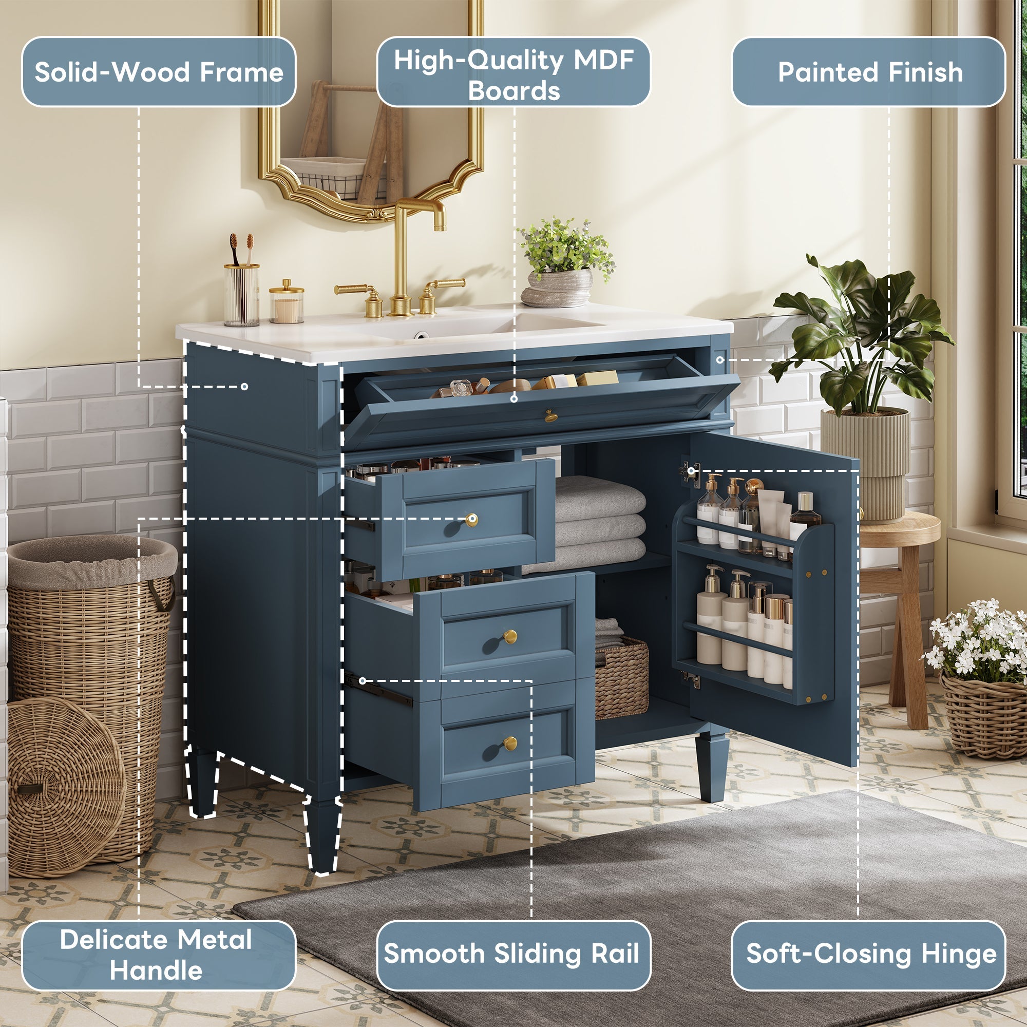 36 "Single sink bathroom dressing table, modern bathroom storage cabinet(indigo blue) - KiKiUMi
