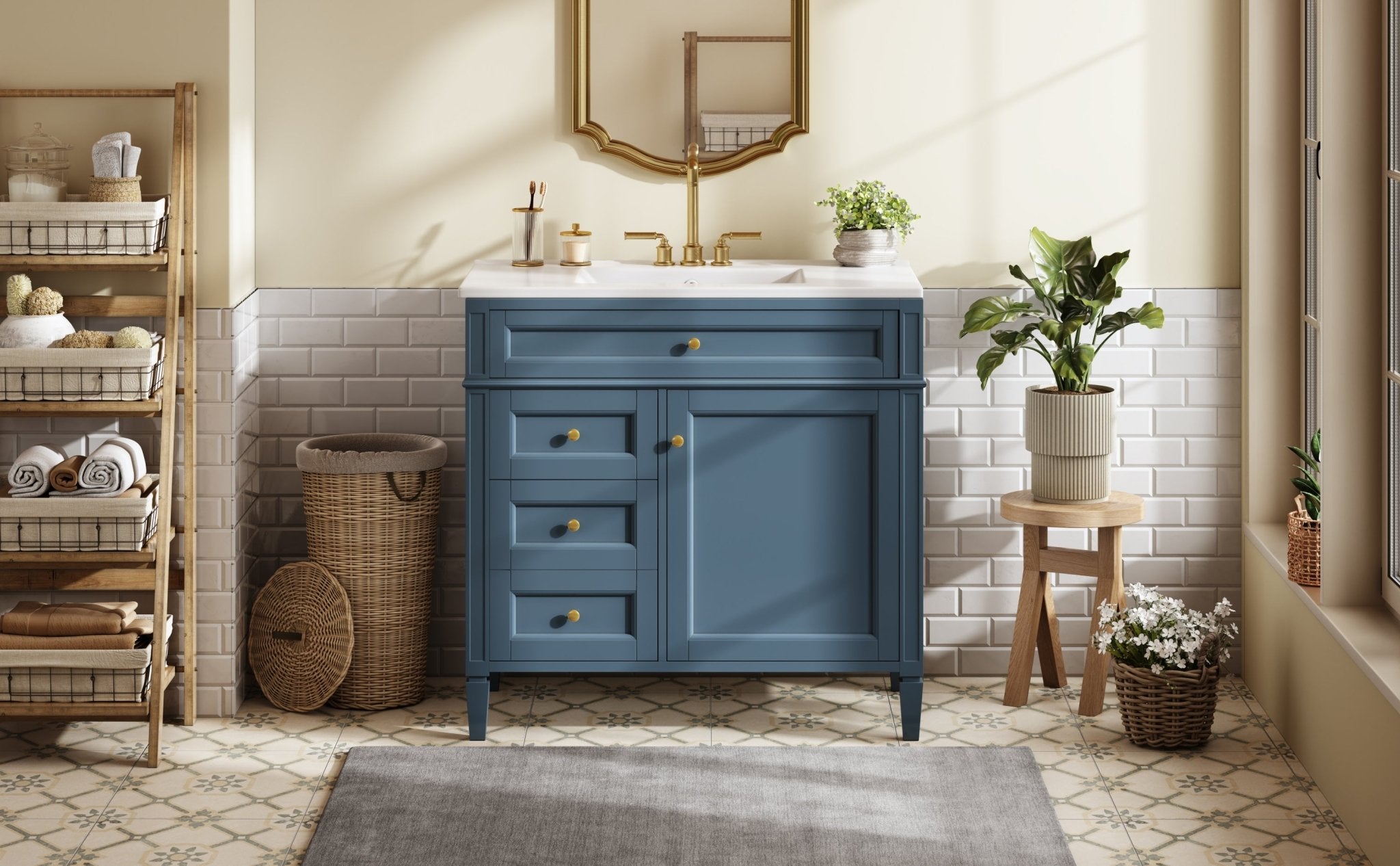 36 "Single sink bathroom dressing table, modern bathroom storage cabinet(indigo blue) - KiKiUMi