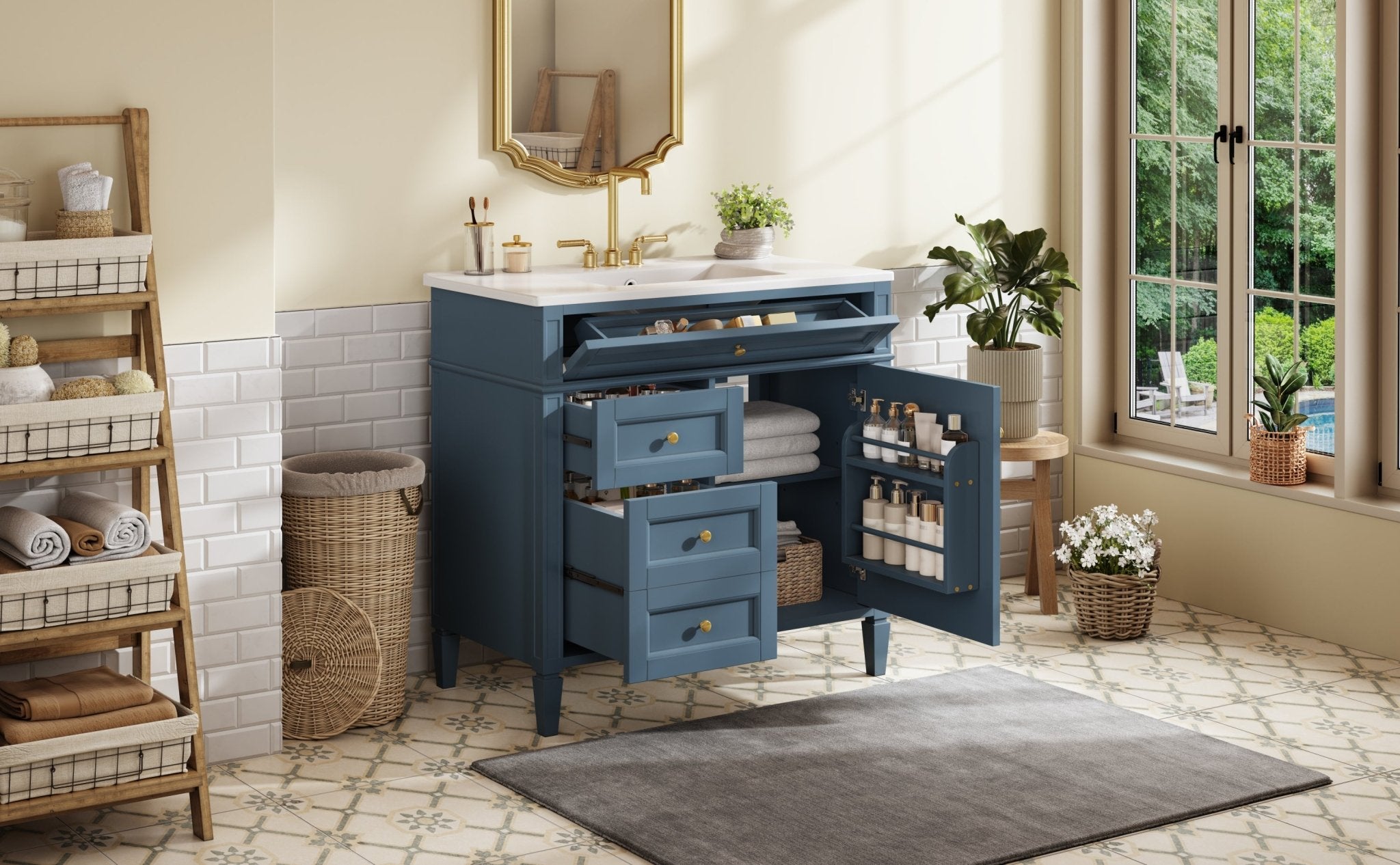 36 "Single sink bathroom dressing table, modern bathroom storage cabinet(indigo blue) - KiKiUMi