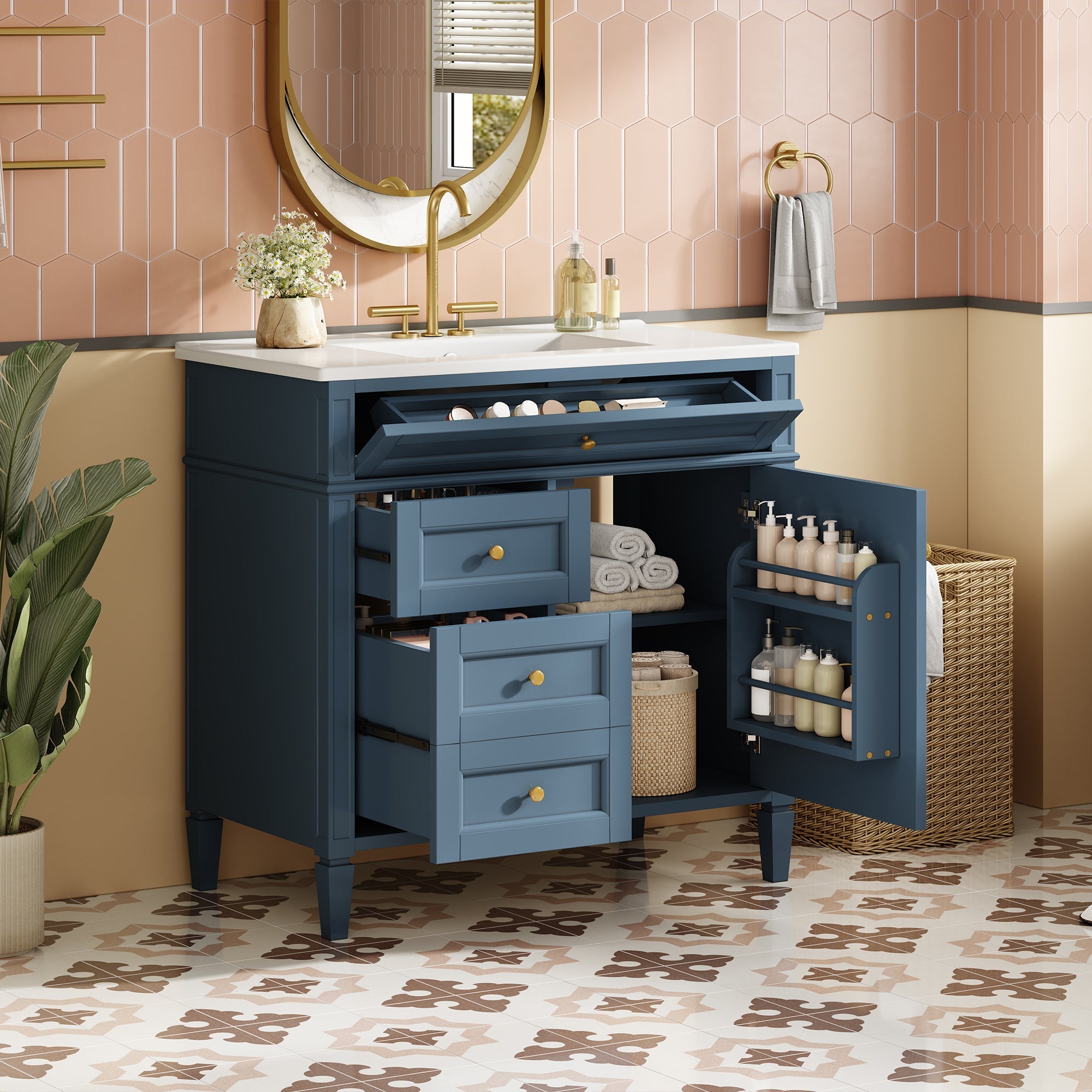 36 "Single sink bathroom dressing table, modern bathroom storage cabinet(indigo blue) - KiKiUMi
