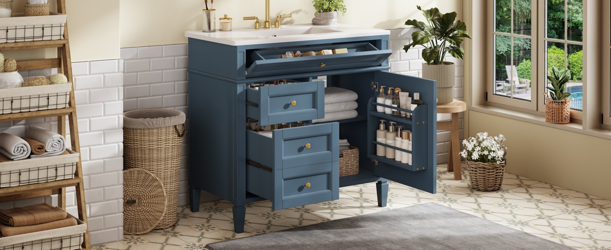 36 "Single sink bathroom dressing table, modern bathroom storage cabinet(indigo blue) - KiKiUMi