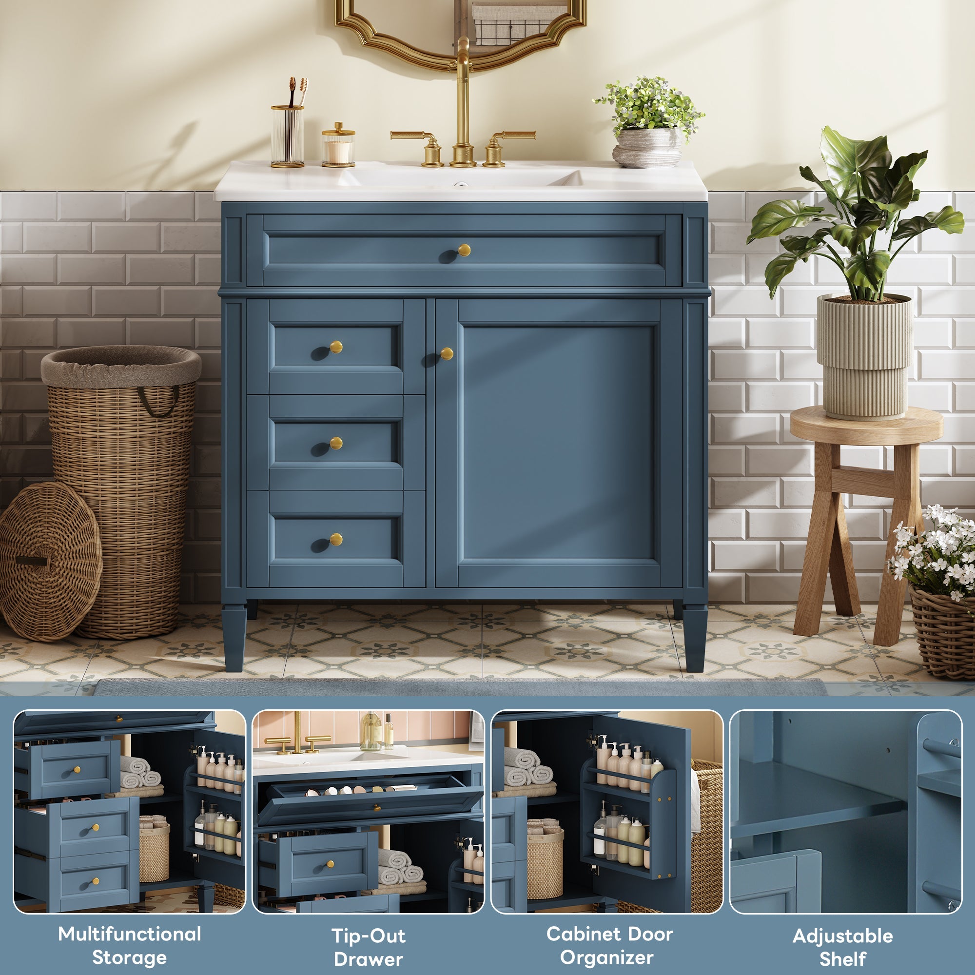 36 "Single sink bathroom dressing table, modern bathroom storage cabinet(indigo blue) - KiKiUMi