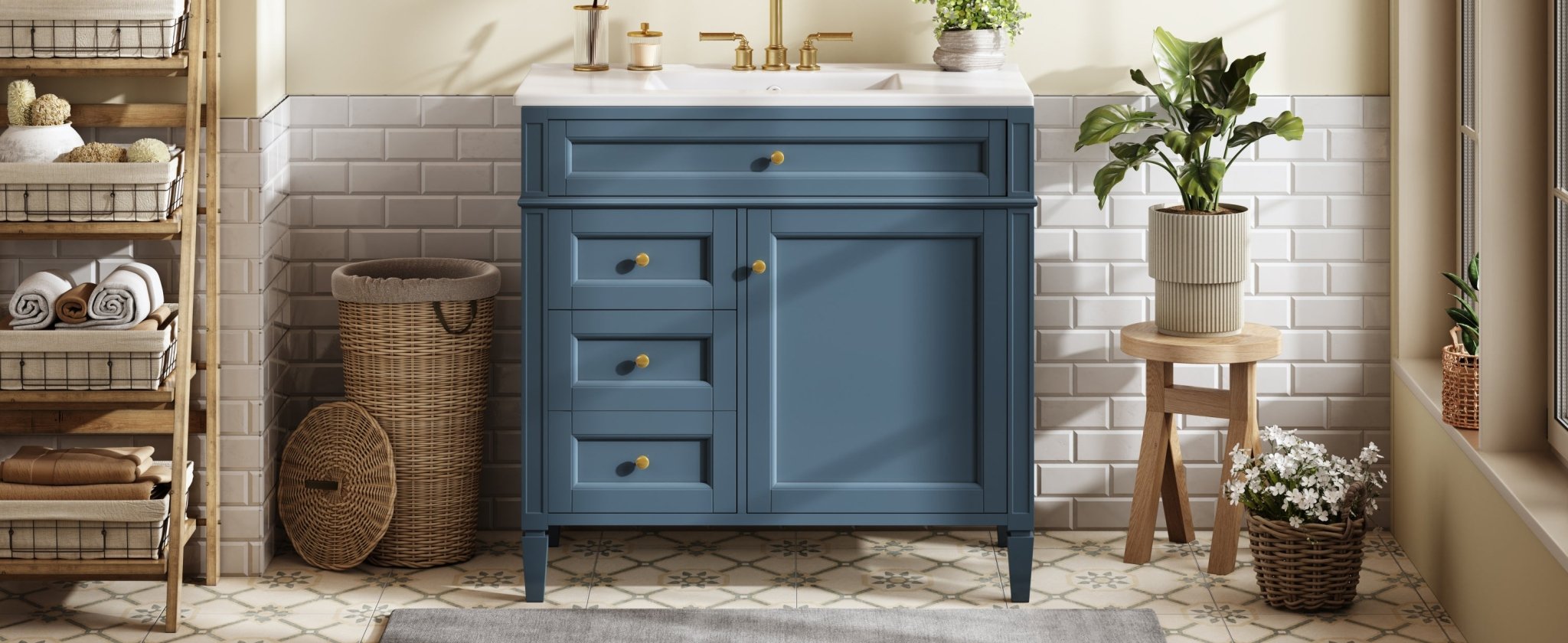 36 "Single sink bathroom dressing table, modern bathroom storage cabinet(indigo blue) - KiKiUMi