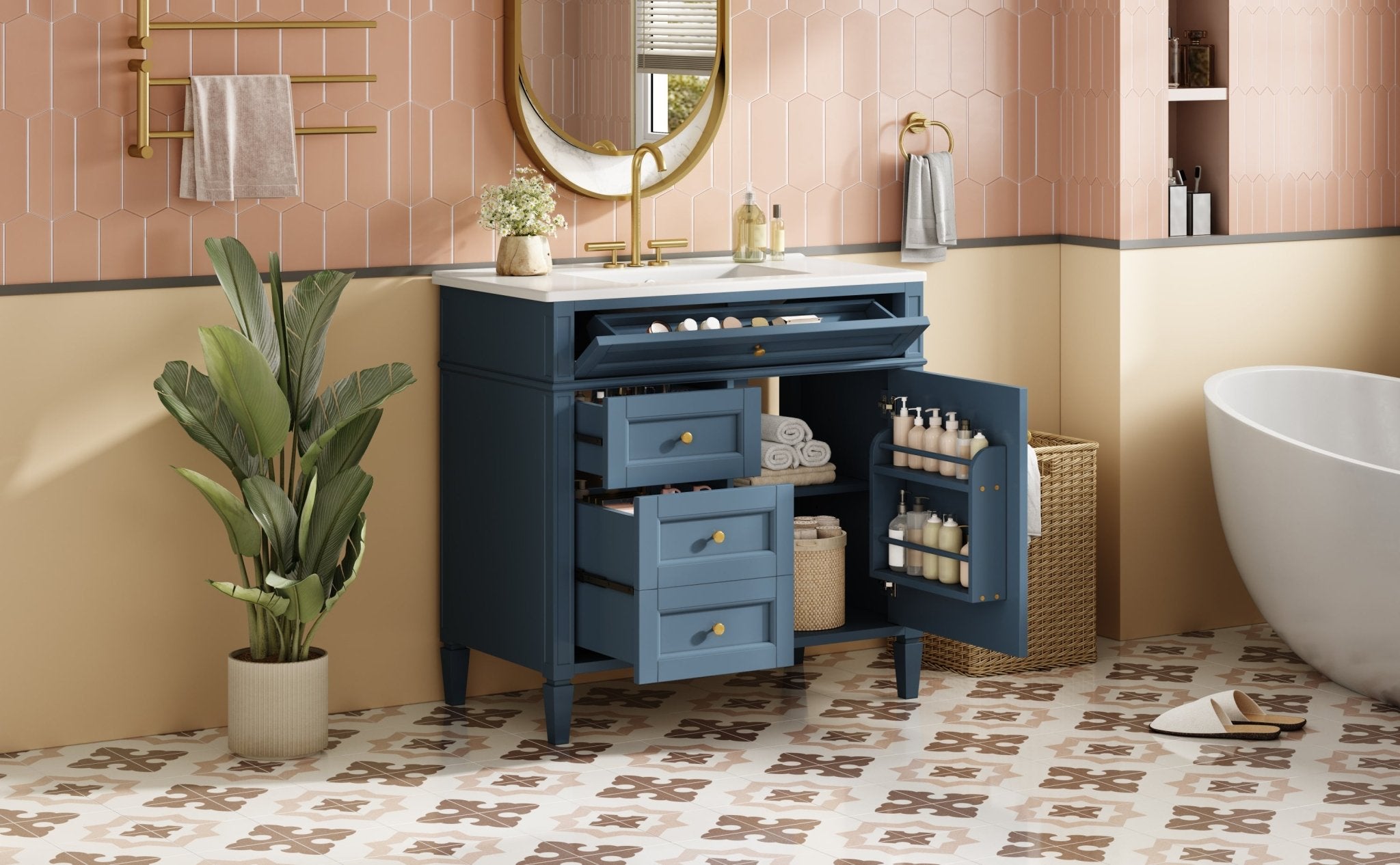 36 "Single sink bathroom dressing table, modern bathroom storage cabinet(indigo blue) - KiKiUMi