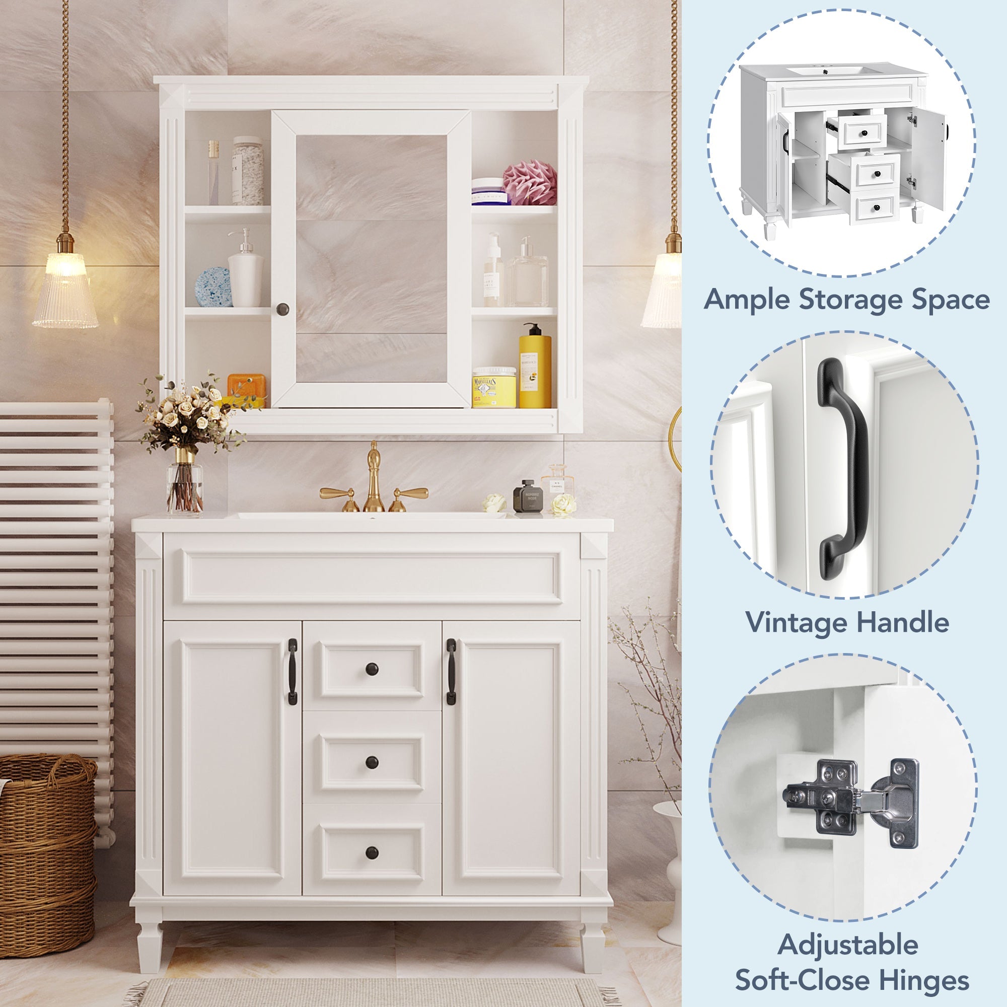 36 "Single sink bathroom dressing table, modern bathroom storage cabinet(white) - KiKiUMi