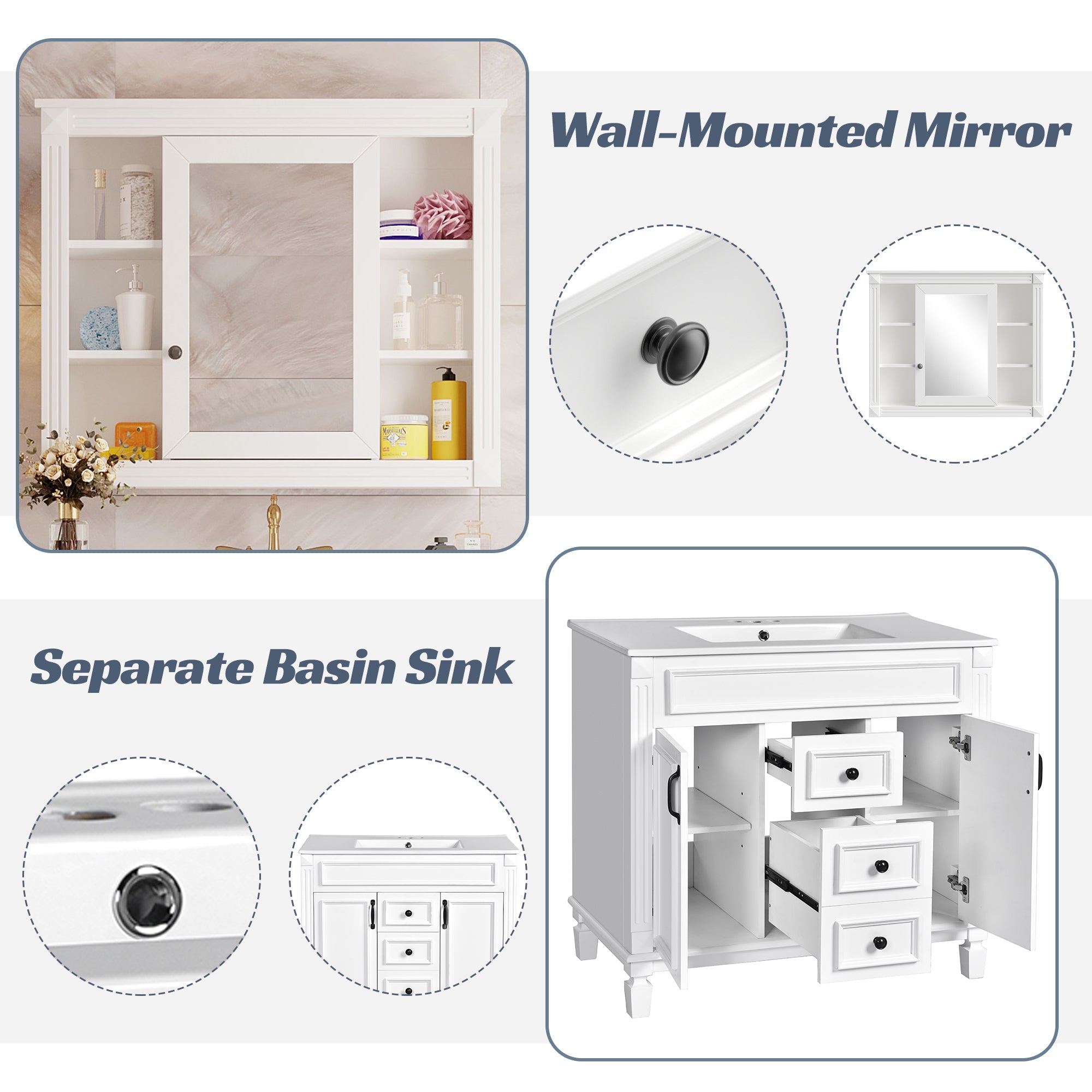 36 "Single sink bathroom dressing table, modern bathroom storage cabinet(white) - KiKiUMi